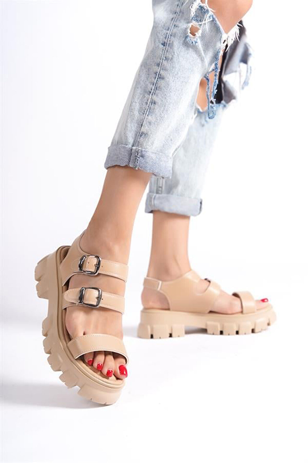 Kadın Nut Yüksek Üç Bant Bilekten Bağlamalı Sandalet 970