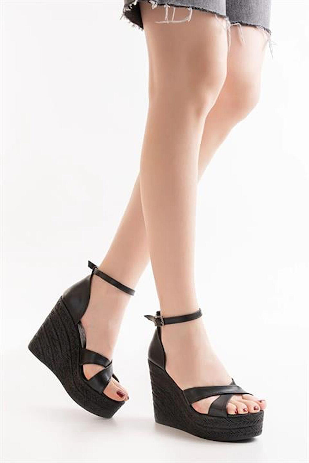 Kadın Verla Çapraz Bant Yüksek Topuklu Dolgu Taban Ayakkabı