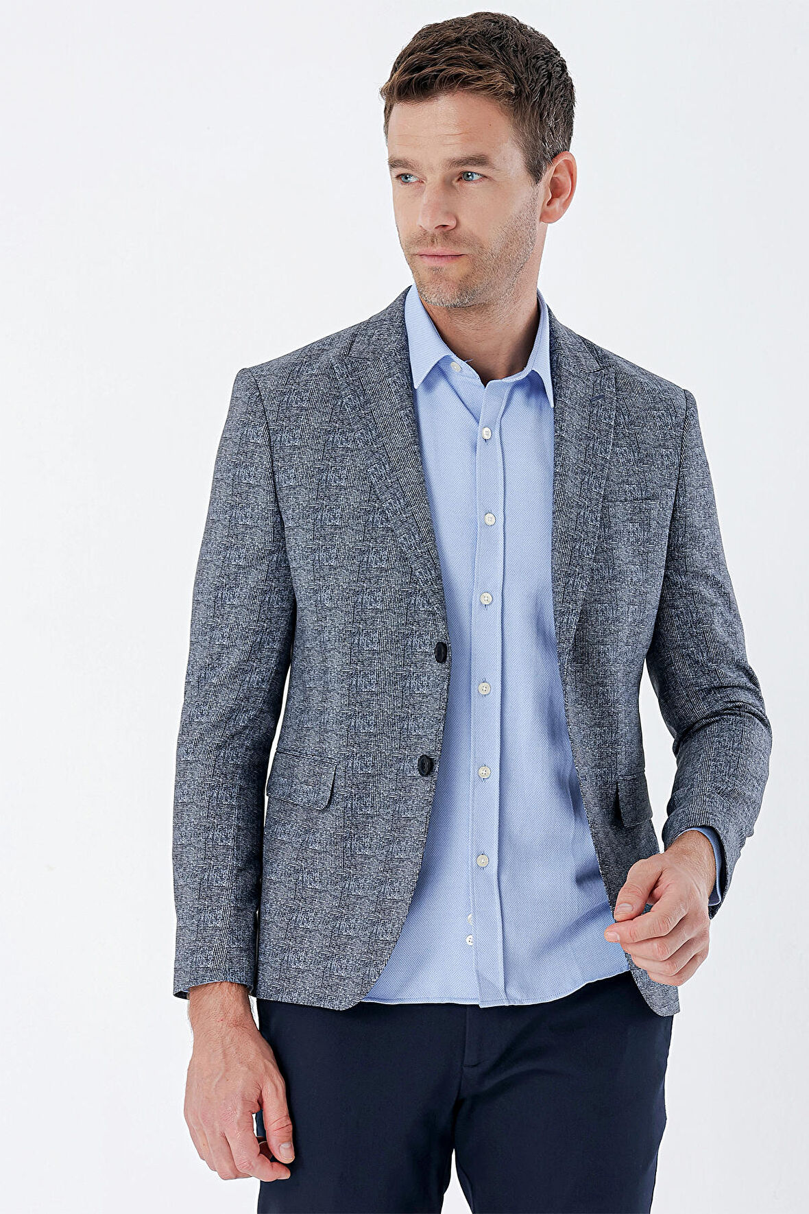 Ekoseli Örme Kırlangıç Yaka Çift Yırtmaç 6 Drop Slim Fit Dar Kesim Klasik Ceket 1002235110 Koyu Lacivert