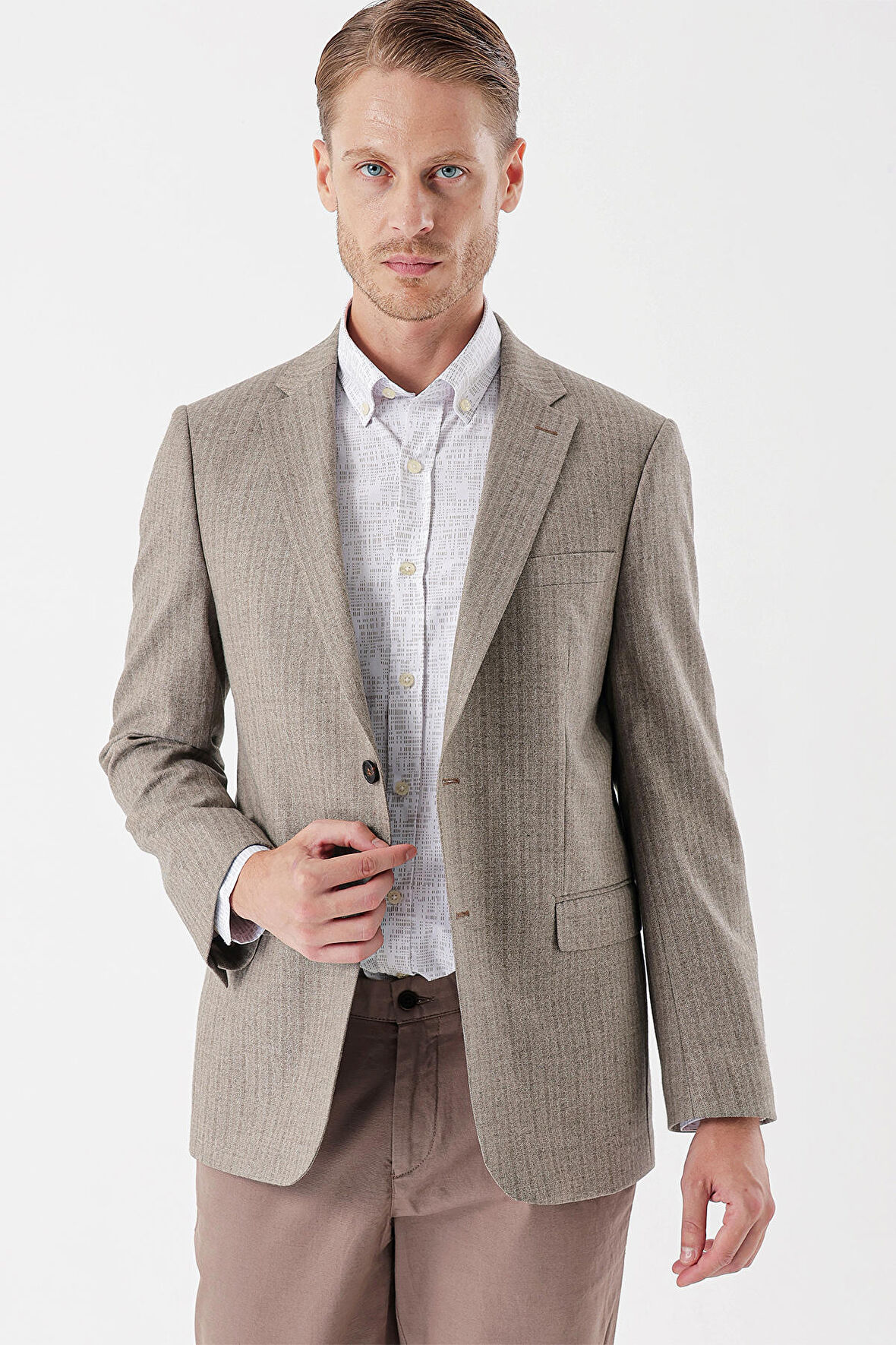 Flannel Mono Yaka Tek Yırtmaç 6 Drop Comfort Fit Rahat Kesim Klasik Ceket 1002235130 Bej