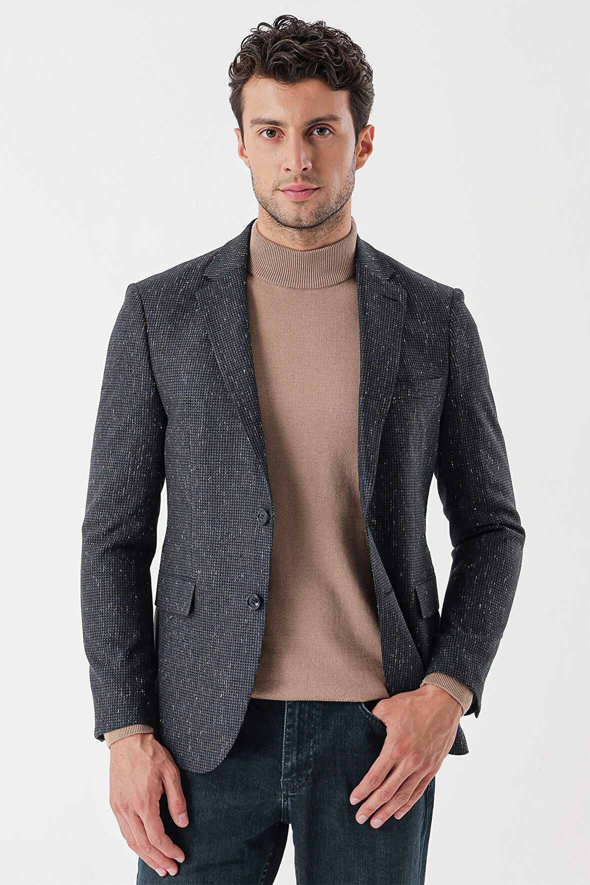 Desenli Mono Yaka Astarlı Çift Yırtmaç 6 Drop Slim Fit Dar Kesim Klasik Ceket 1002235132 Koyu Antrasit