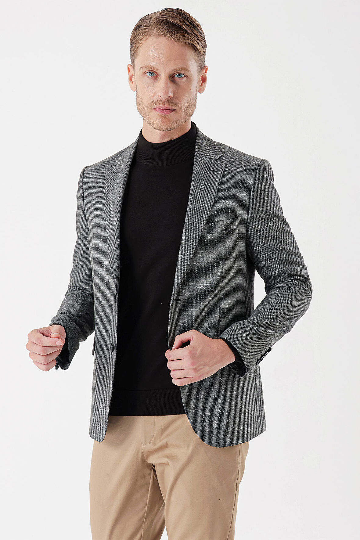 Desenli Armürlü Mono Yaka Çift Yırtmaç 6 Drop Slim Fit Dar Kesim Klasik Ceket 1002235133 Siyah