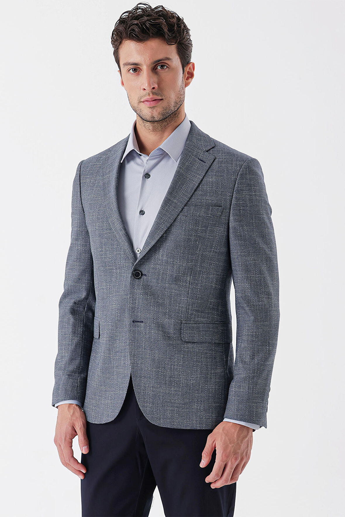 Desenli Armürlü Mono Yaka Çift Yırtmaç 6 Drop Slim Fit Dar Kesim Klasik Ceket 1002235133 Koyu Lacivert