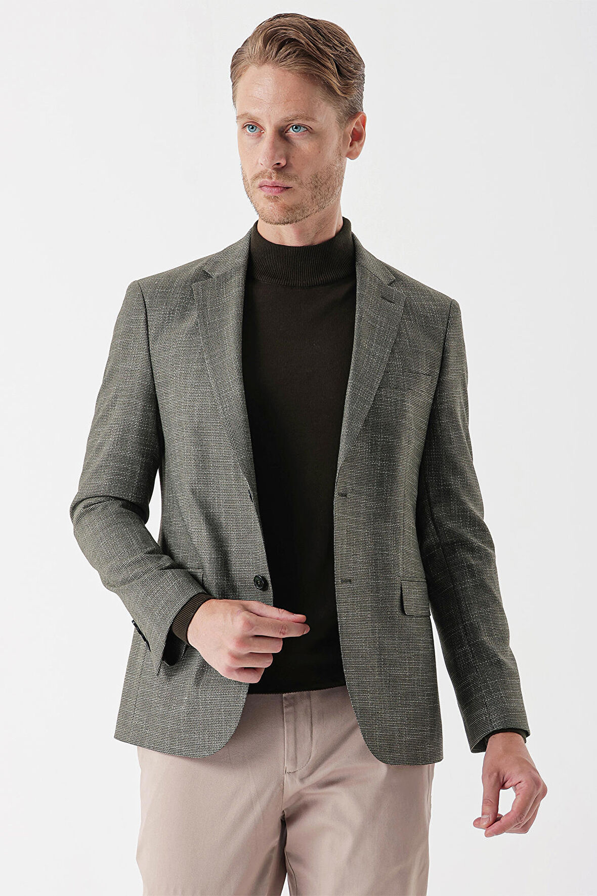 Desenli Armürlü Mono Yaka Çift Yırtmaç 6 Drop Slim Fit Dar Kesim Klasik Ceket 1002235133 Koyu Haki