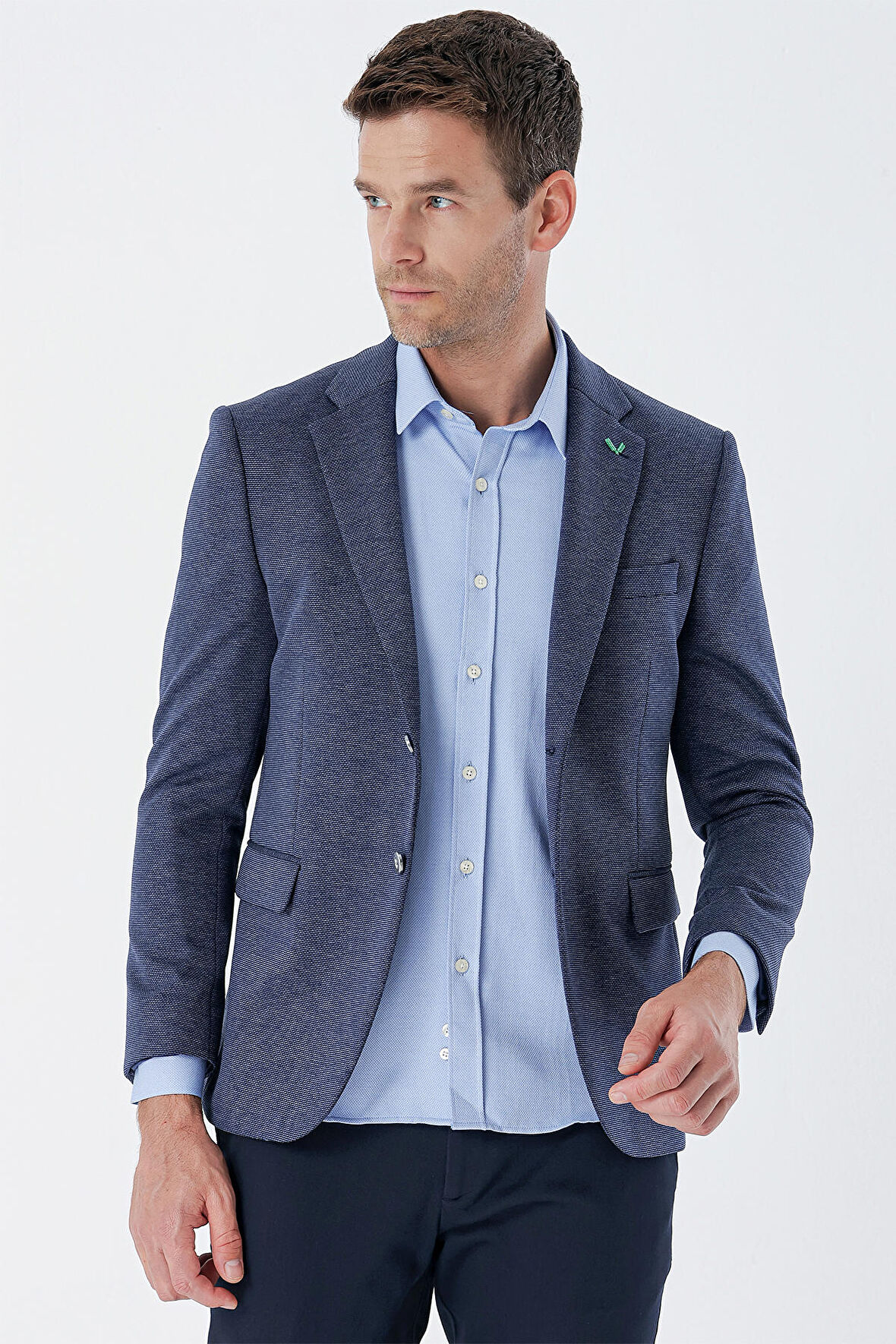 Desenli Örme Mono Yaka Çift Yırtmaç Likralı 6 Drop Slim Fit Klasik Ceket 1002235135 Lacivert