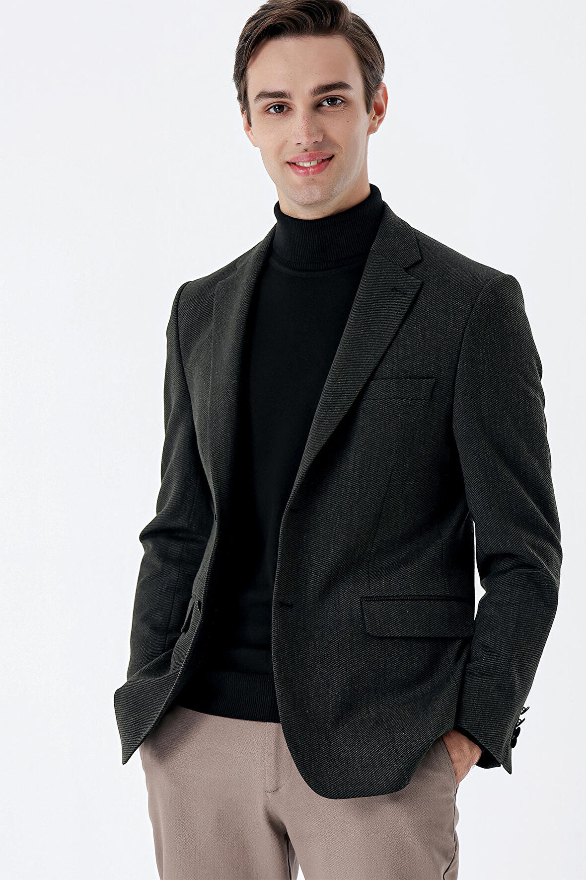 Gabardin Mono Yaka Astarlı Çift Yırtmaç Likralı 6 Drop Comfort Fit Rahat Kesim Klasik Ceket 1002235137 Koyu Haki