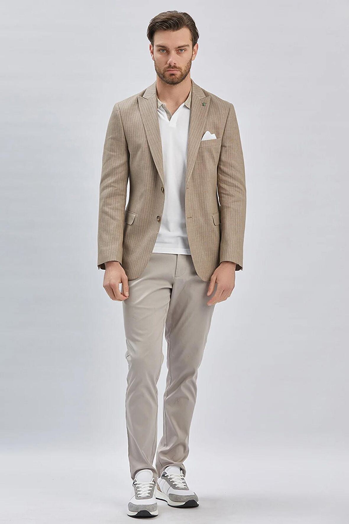Koyu Bej Çizgili Kırlangıç Yaka Çift Yırtmaç 6 Drop Comfort Fit Rahat Kesim Klasik Ceket 1002240101