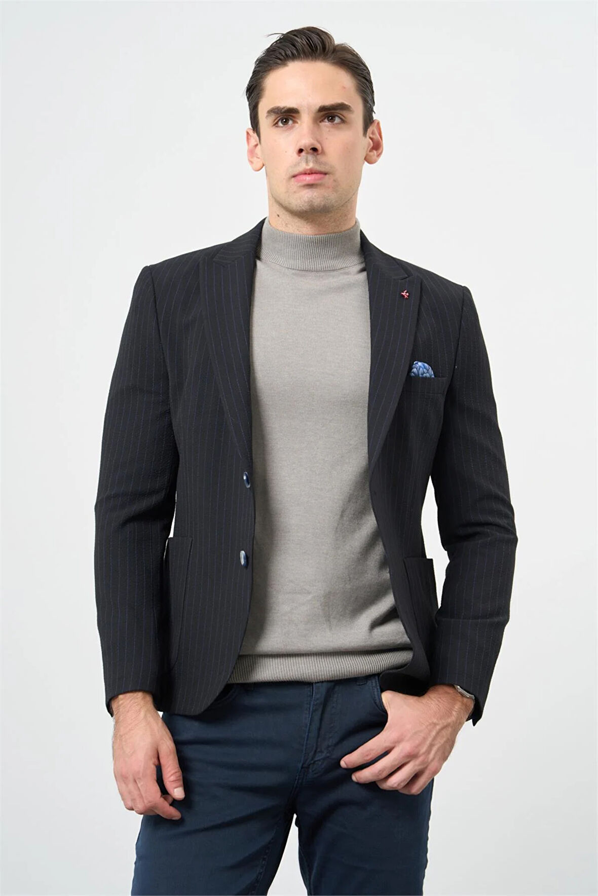 Koyu Lacivert Çizgili Gofreli Kırlangıç Yaka Likralı 6 Drop Slim Fit Dar Kesim Klasik Ceket 1002240111