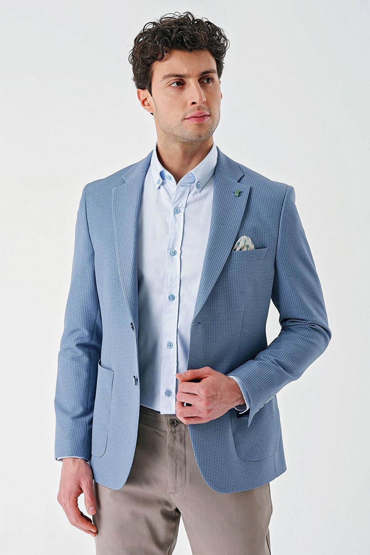 Koyu Mavi Örme Mono Yaka Çift Yırtmaç Likralı 6 Drop Slim Fit Dar Kesim Klasik Ceket 1002240138