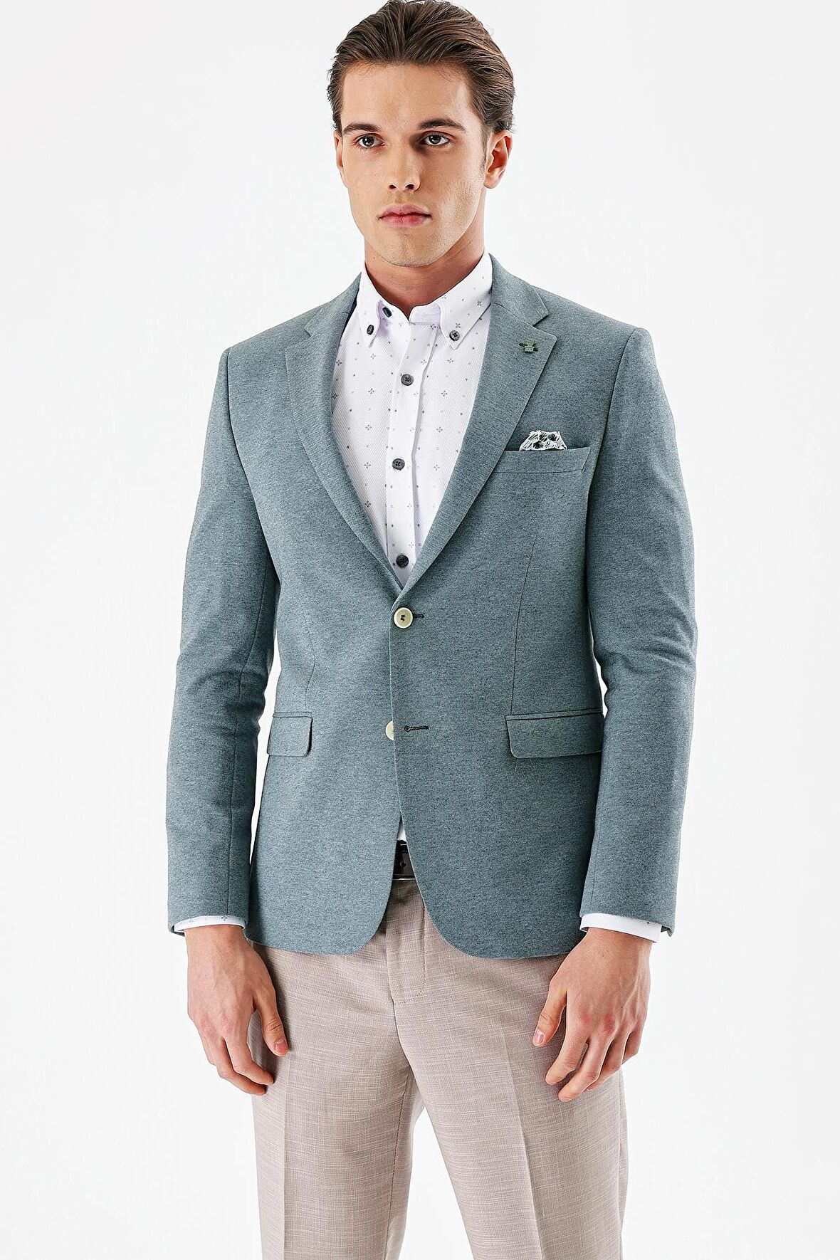 Yeşil Desenli Mono Yaka Çift Yırtmaç Likralı 6 Drop Slim Fit Dar Kesim Klasik Ceket 1002240151
