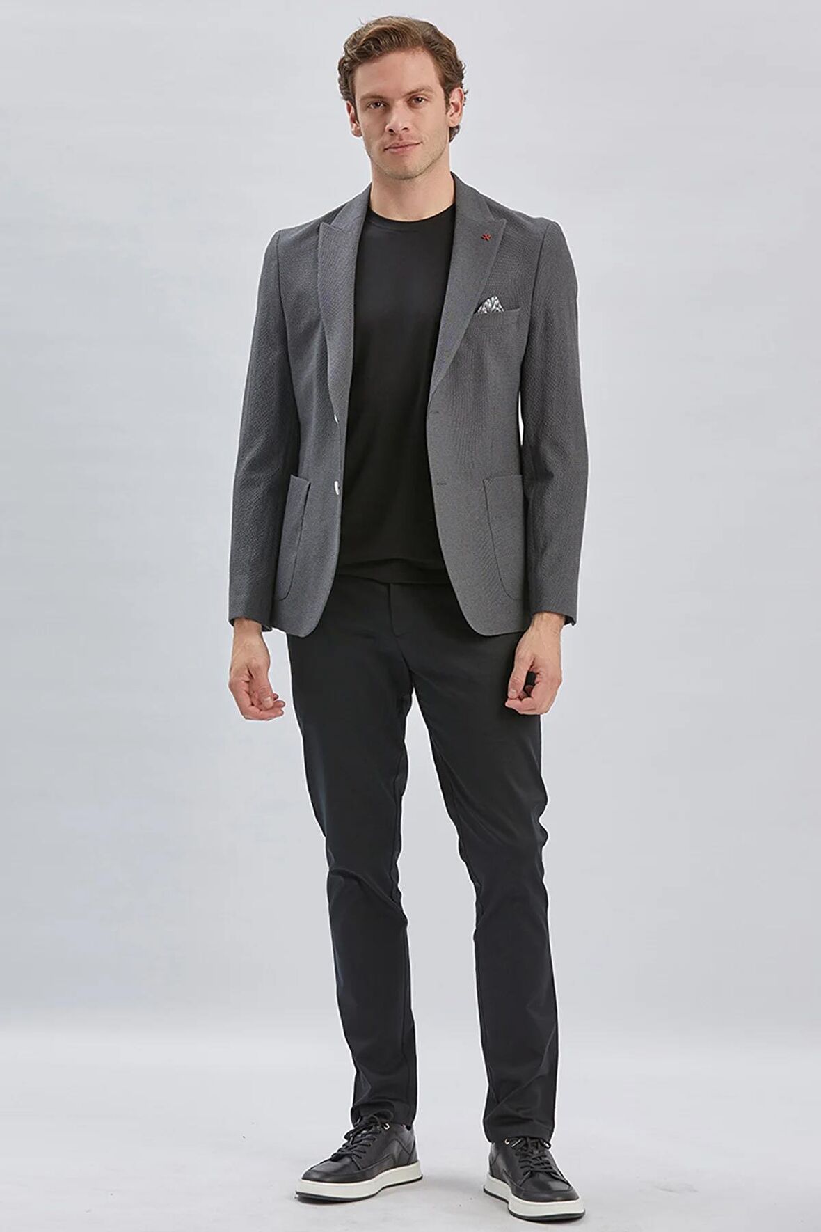 Koyu Antrasit Desenli Kırlangıç Yaka Likralı 6 Drop Slim Fit Dar Kesim Casual Ceket 1002240155