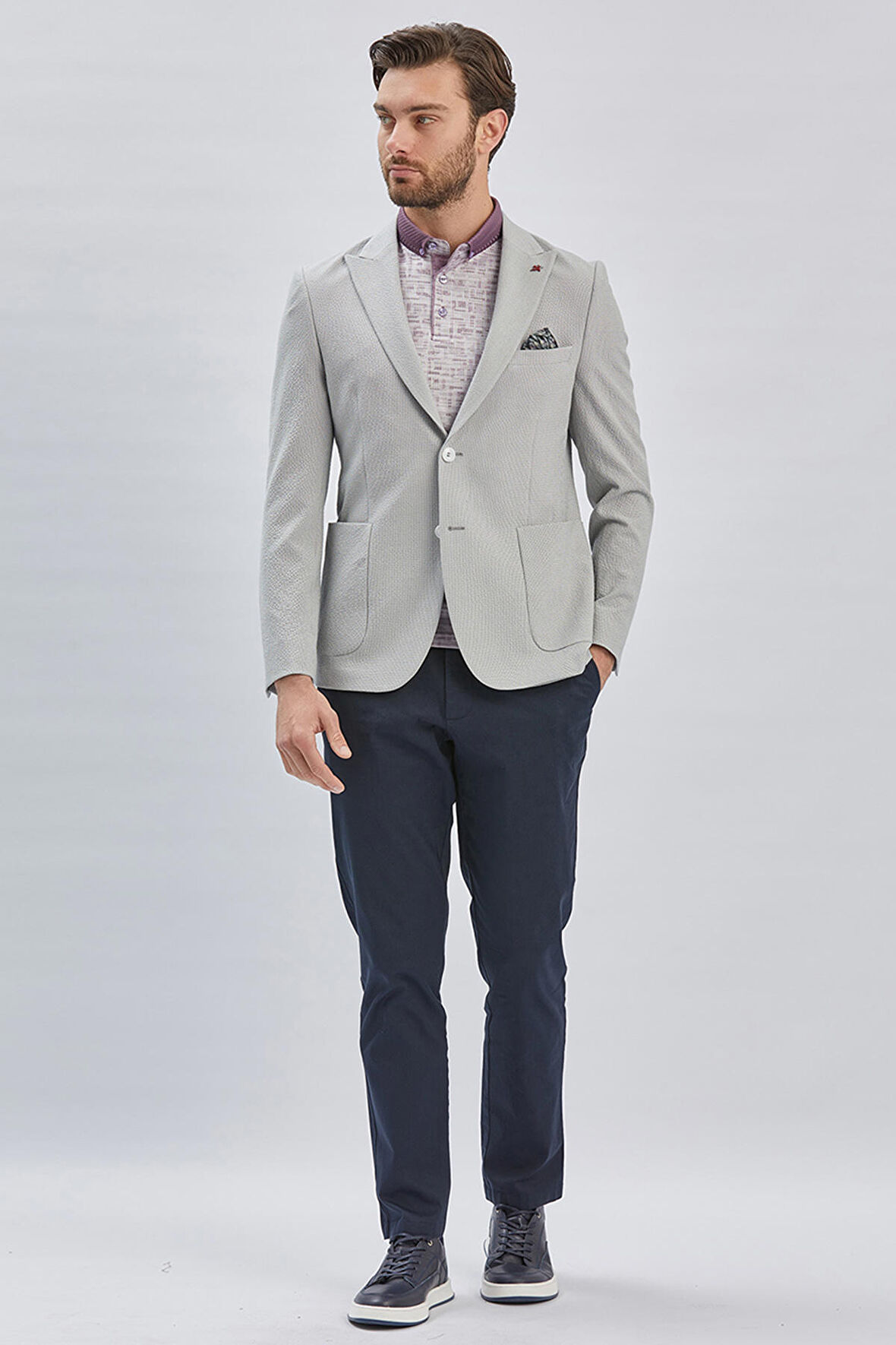 Gri Desenli Kırlangıç Yaka Likralı 6 Drop Slim Fit Dar Kesim Casual Ceket 1002240155