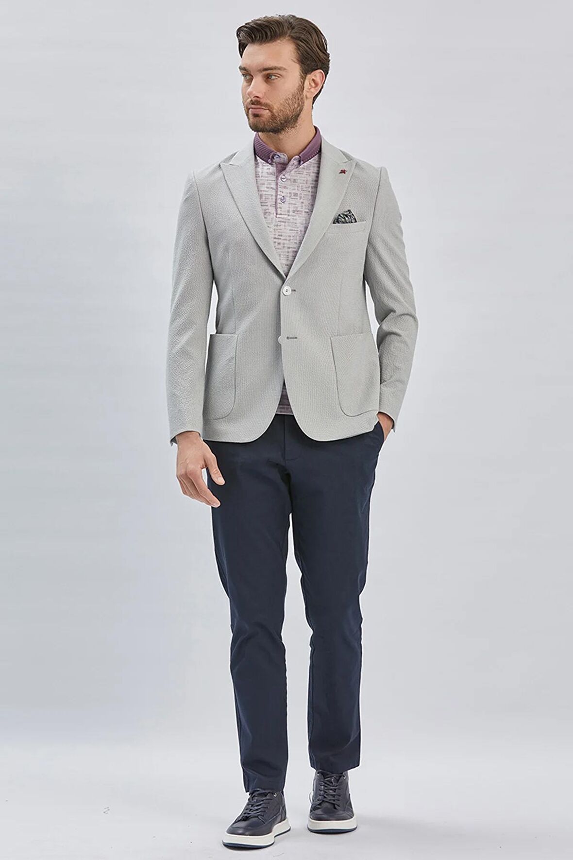 Gri Desenli Kırlangıç Yaka Likralı 6 Drop Slim Fit Dar Kesim Casual Ceket 1002240155