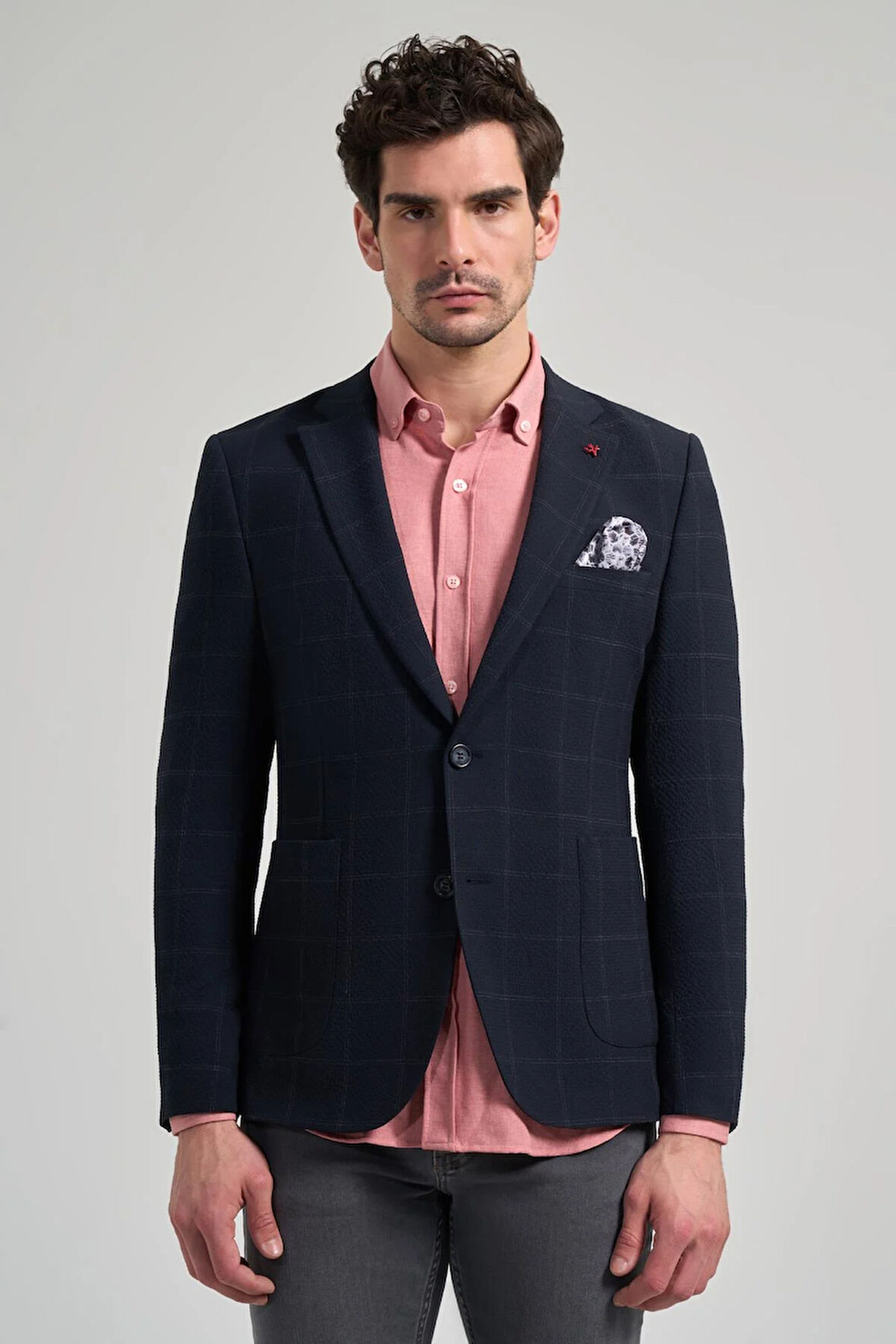 Siyah Kareli Mono Yaka Likralı 6 Drop Ekstra Slim Fit Casual Ceket 1002240156