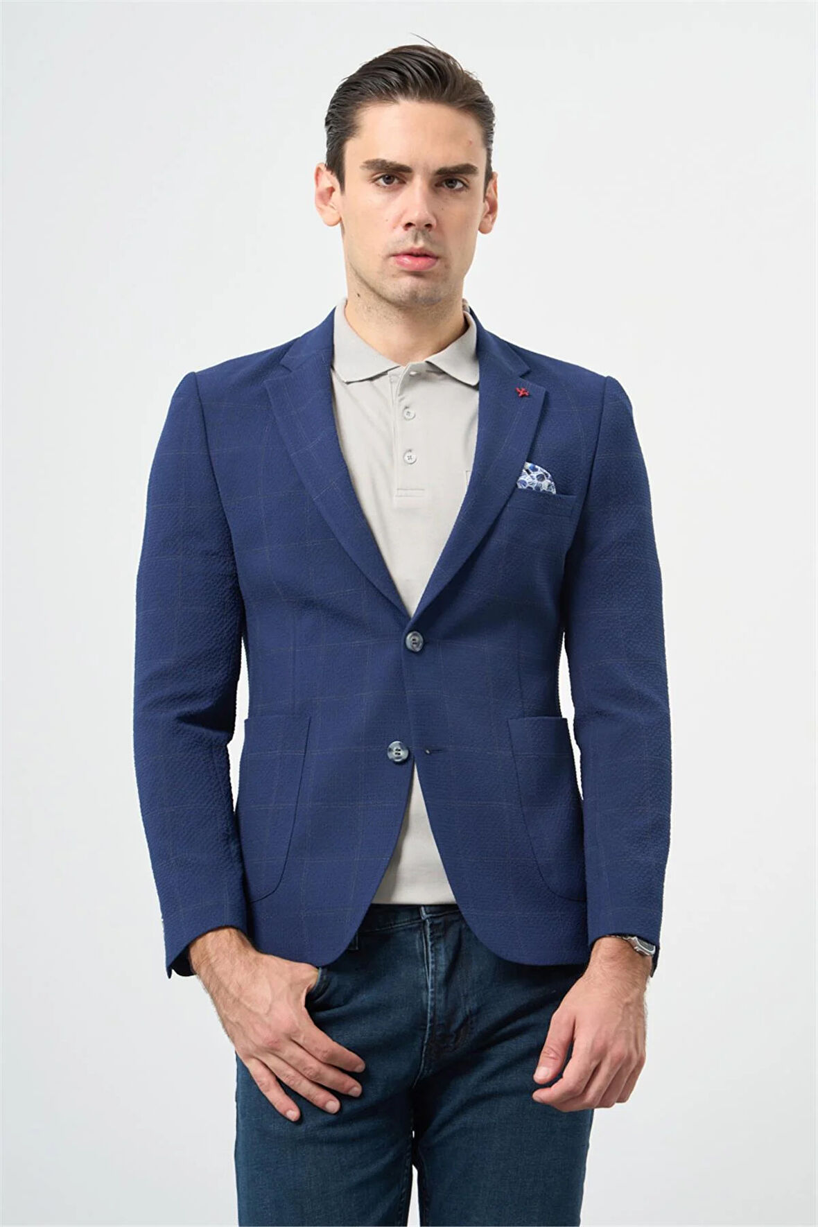 Koyu Lacivert Kareli Mono Yaka Likralı 6 Drop Ekstra Slim Fit Casual Ceket 1002240156