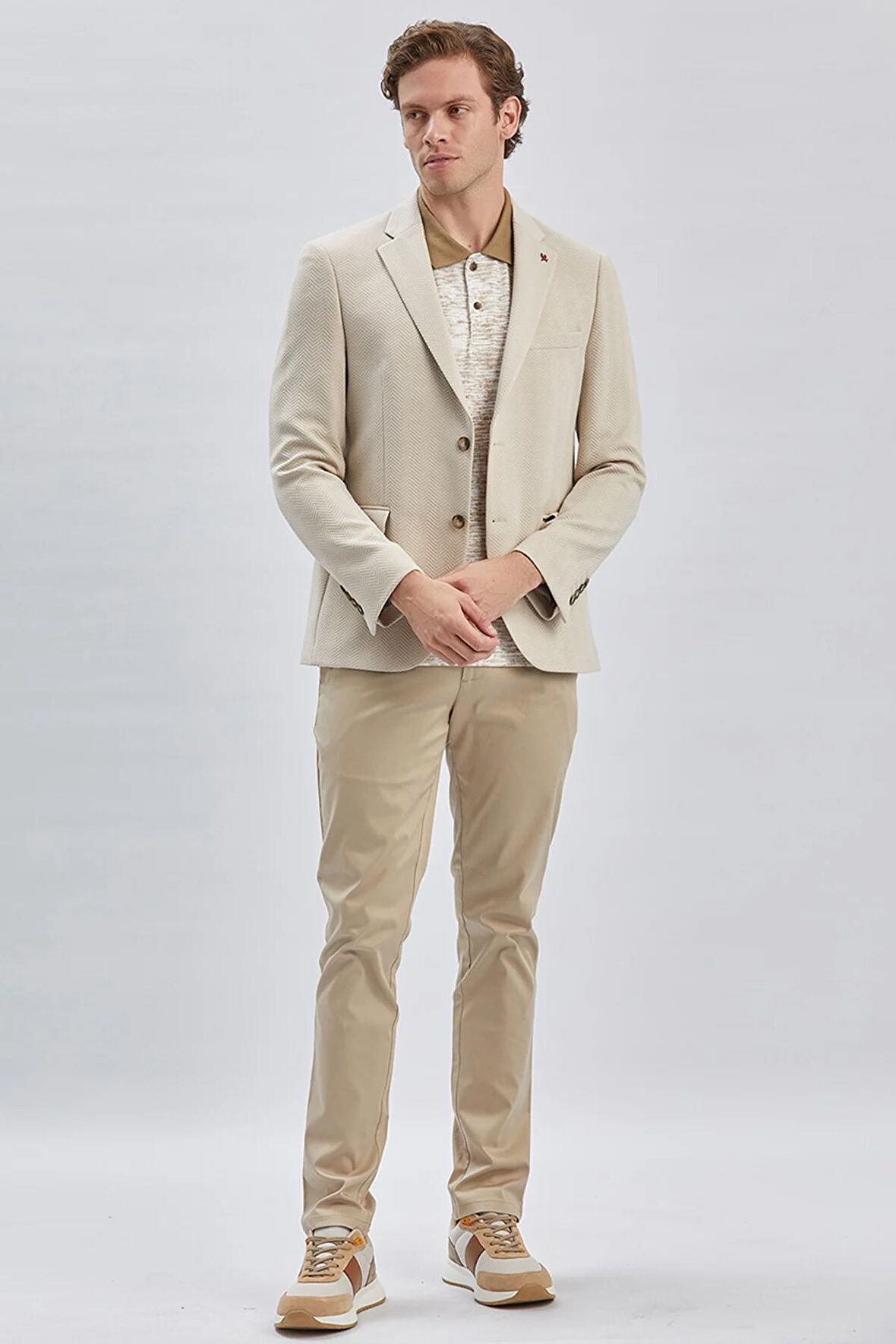 Bej Desenli Örme Mono Yaka Likralı 6 Drop Slim Fit Dar Kesim Casual Ceket 1002240157