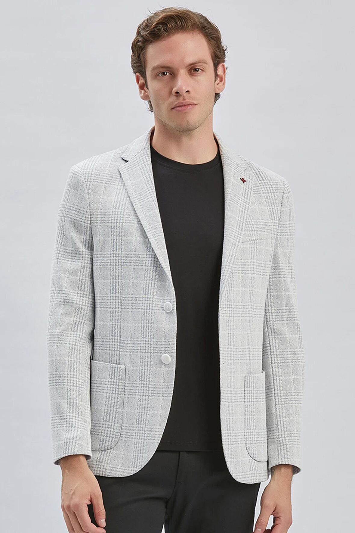 Gri Örme Ekose Desenli Mono Yaka 6 Drop Slim Fit Ceket 1002240158
