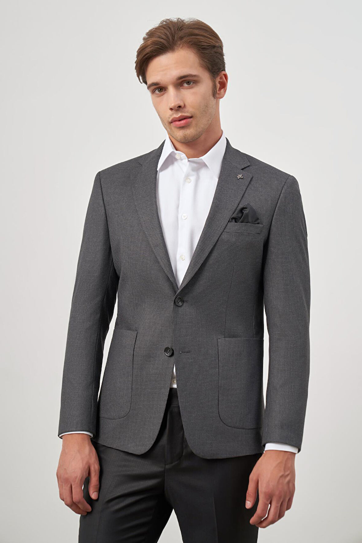 Koyu Antrasit Kazayağı Desen Bez Ayağı Mono Yaka Tam Astar Çift Yırtmaç 2 Düğme 6 Drop Slim Fit Classic Ceket 1002245106