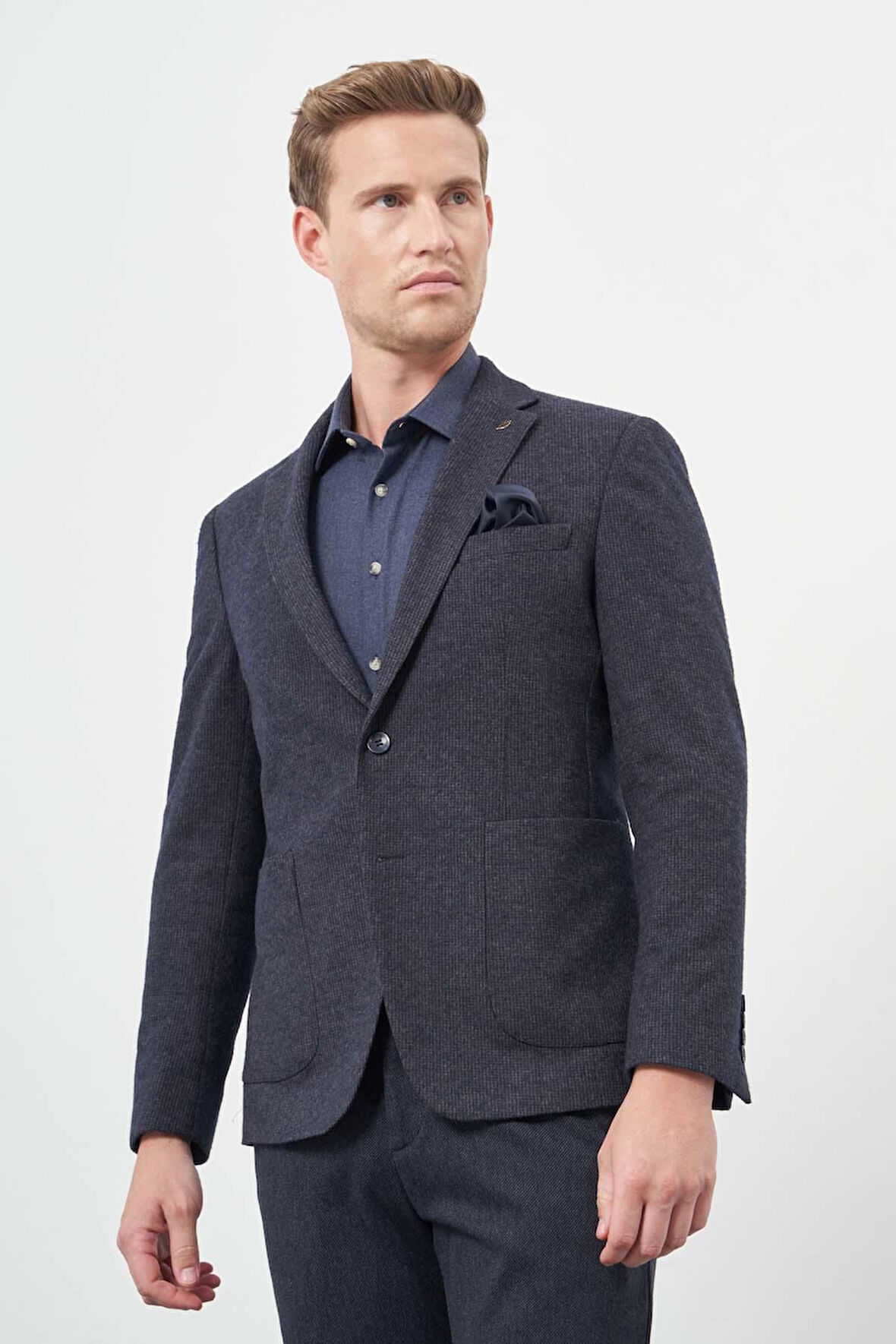 Koyu Lacivert Kendinden Desenli Örme Mono Yaka Astarsız Çift Yırtmaç 2 Düğme 6 Drop Slim Fit Casual Ceket 1002245151