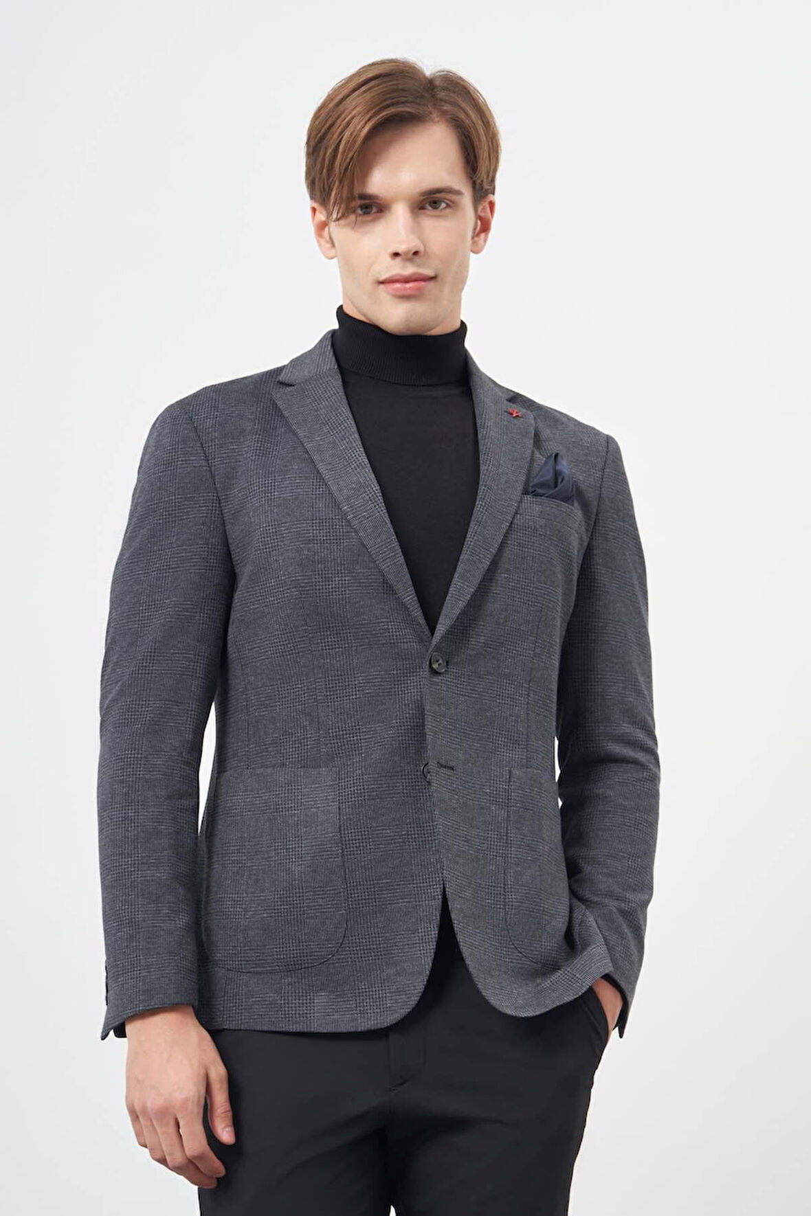 Koyu Lacivert Ekose Desen Örme Mono Yaka Astarsız Çift Yırtmaç 2 Düğme 6 Drop Slim Fit Casual Ceket 1002245152