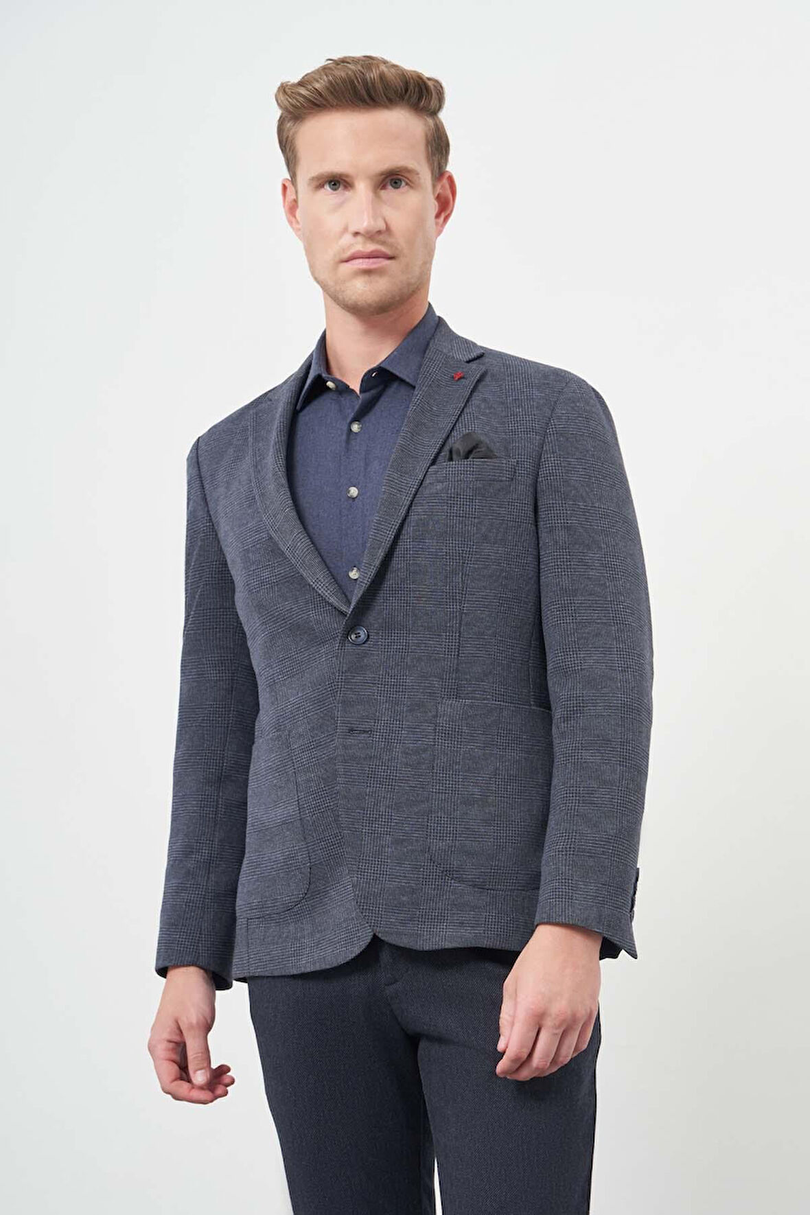 Lacivert Ekose Desen Örme Mono Yaka Astarsız Çift Yırtmaç 2 Düğme 6 Drop Slim Fit Casual Ceket 1002245152