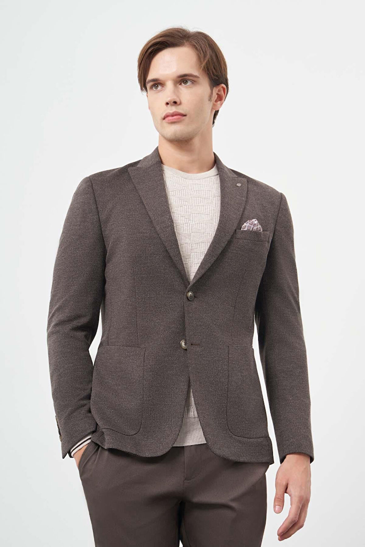 Koyu Kahverengi Kendinden Desenli Örme Kılıç Yaka Astarsız Çift Yırtmaç 2 Düğme 6 Drop Slim Fit Casual Ceket 1002245156