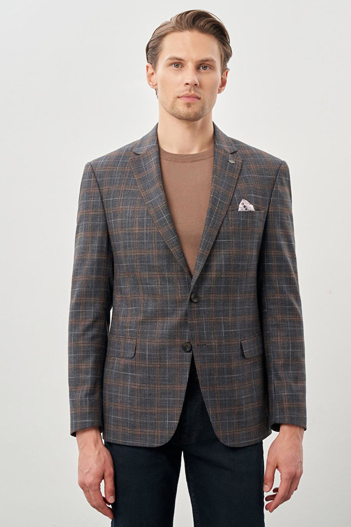 Füme Ekose Desen Bez Ayağı Mono Yaka Tam Astar Esnek 6 Drop Slim Fit Classic Ceket 1002245160