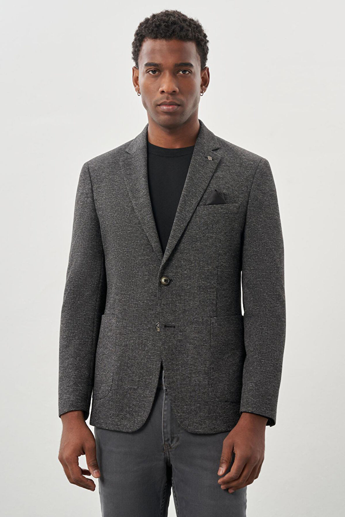 Siyah Desenli Örme Mono Yaka Astarsız Esnek 6 Drop Slim Fit Casual Ceket 1002245161