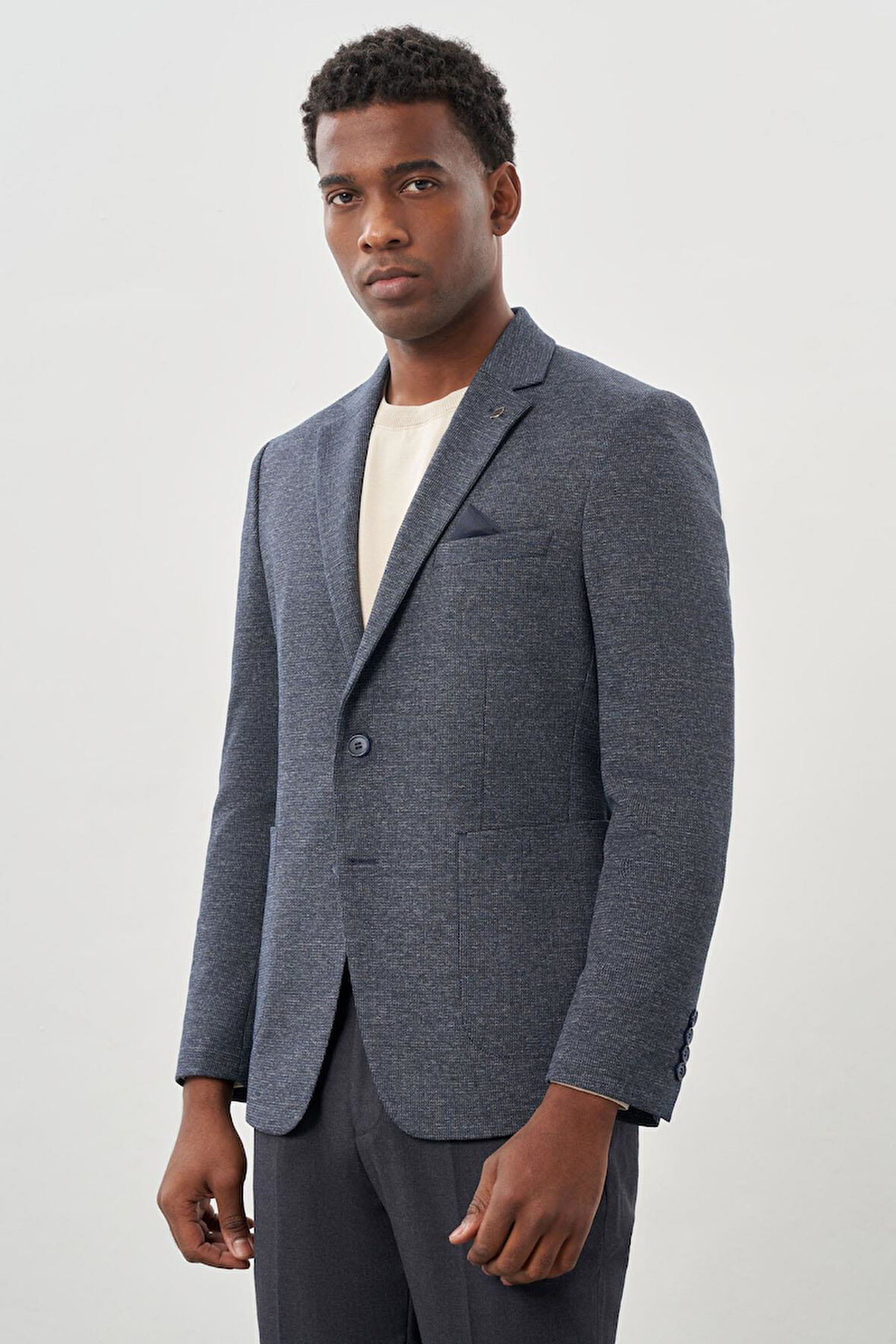 Lacivert Desenli Örme Mono Yaka Astarsız Esnek 6 Drop Slim Fit Casual Ceket 1002245161