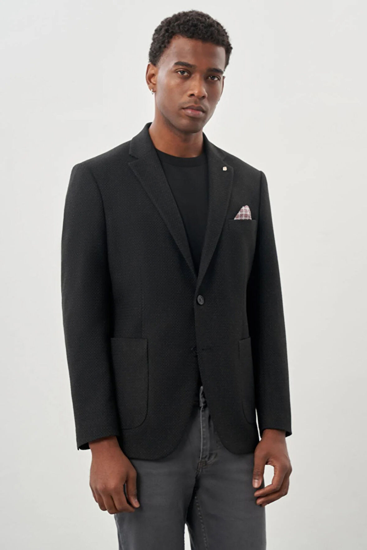 Koyu Antrasit Desenli Örme Mono Yaka Tam Astar Esnek 6 Drop Comfort Fit Casual Ceket 1002245163