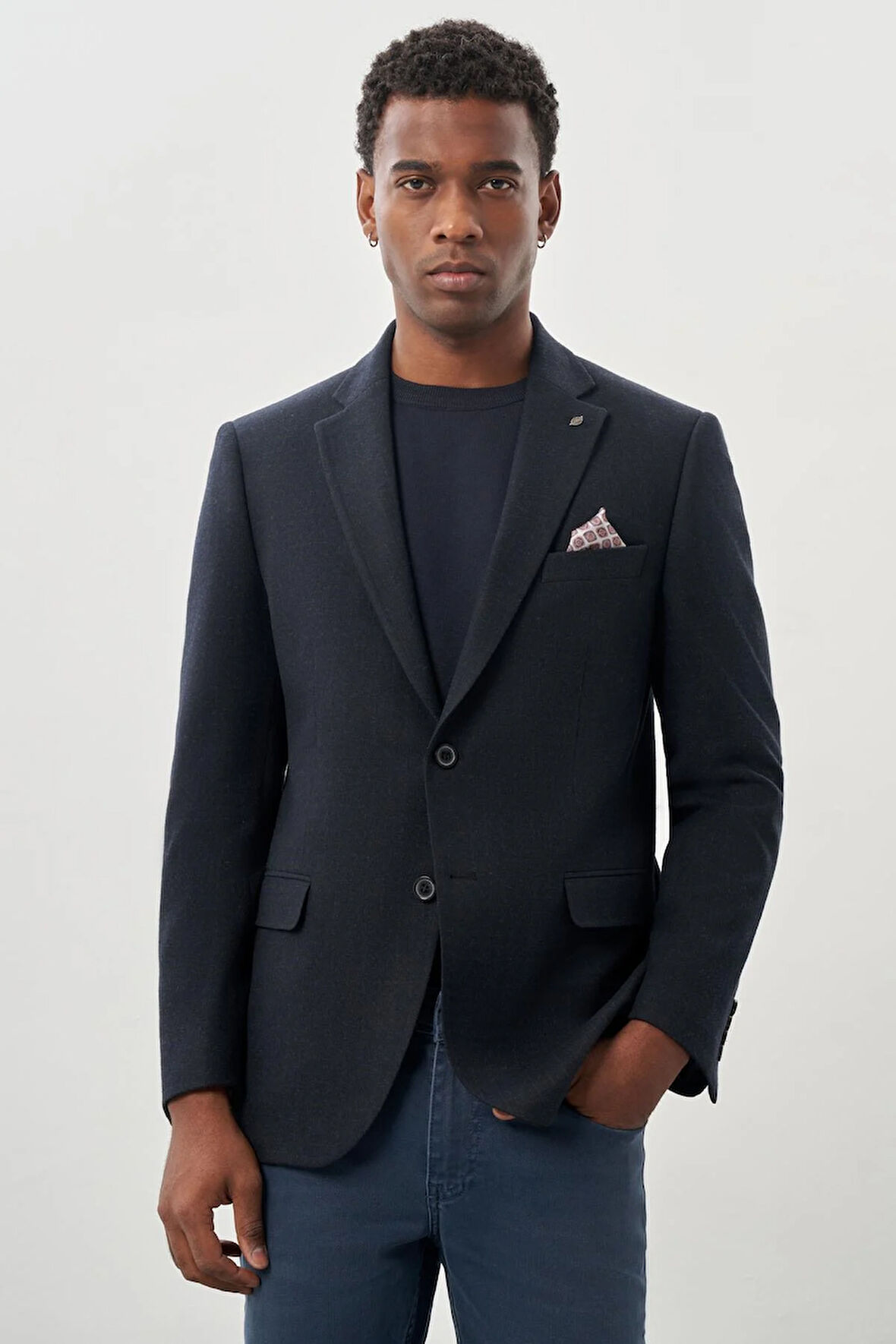 Koyu Lacivert Desenli Örme Mono Yaka Tam Astar Esnek 6 Drop Comfort Fit Casual Ceket 1002245164