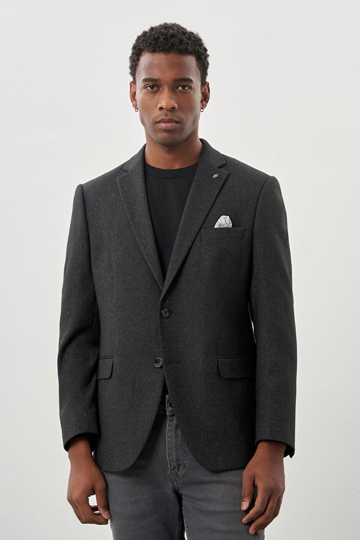 Siyah Düz Gabardin Mono Yaka 2 Düğme Esnek 6 Drop Comfort Fit Casual Ceket 1002245165_001