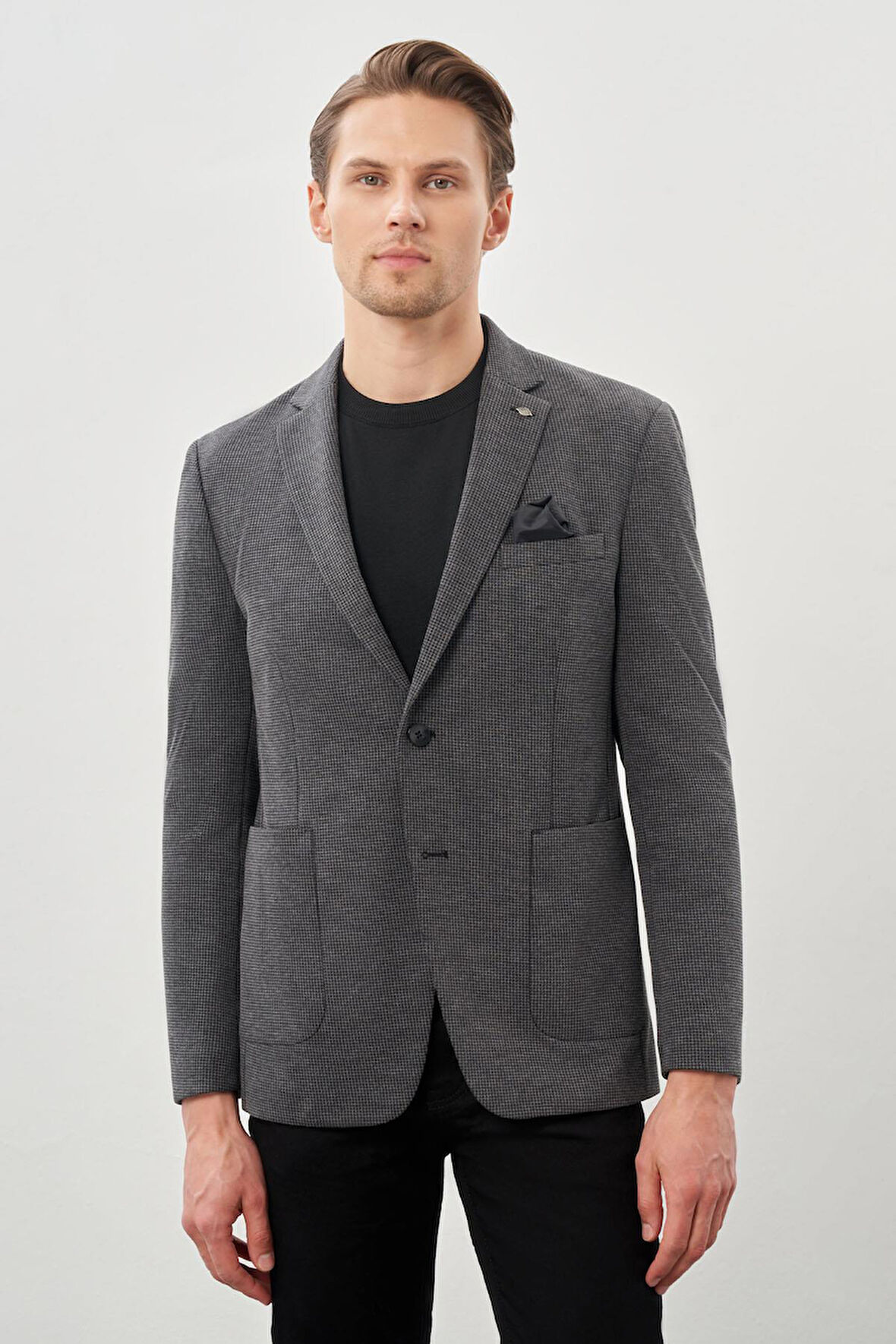 Siyah Kazayağı Desen Örme Mono Yaka 2 Düğme 6 Drop Slim Fit Classic Ceket 1002245166_001