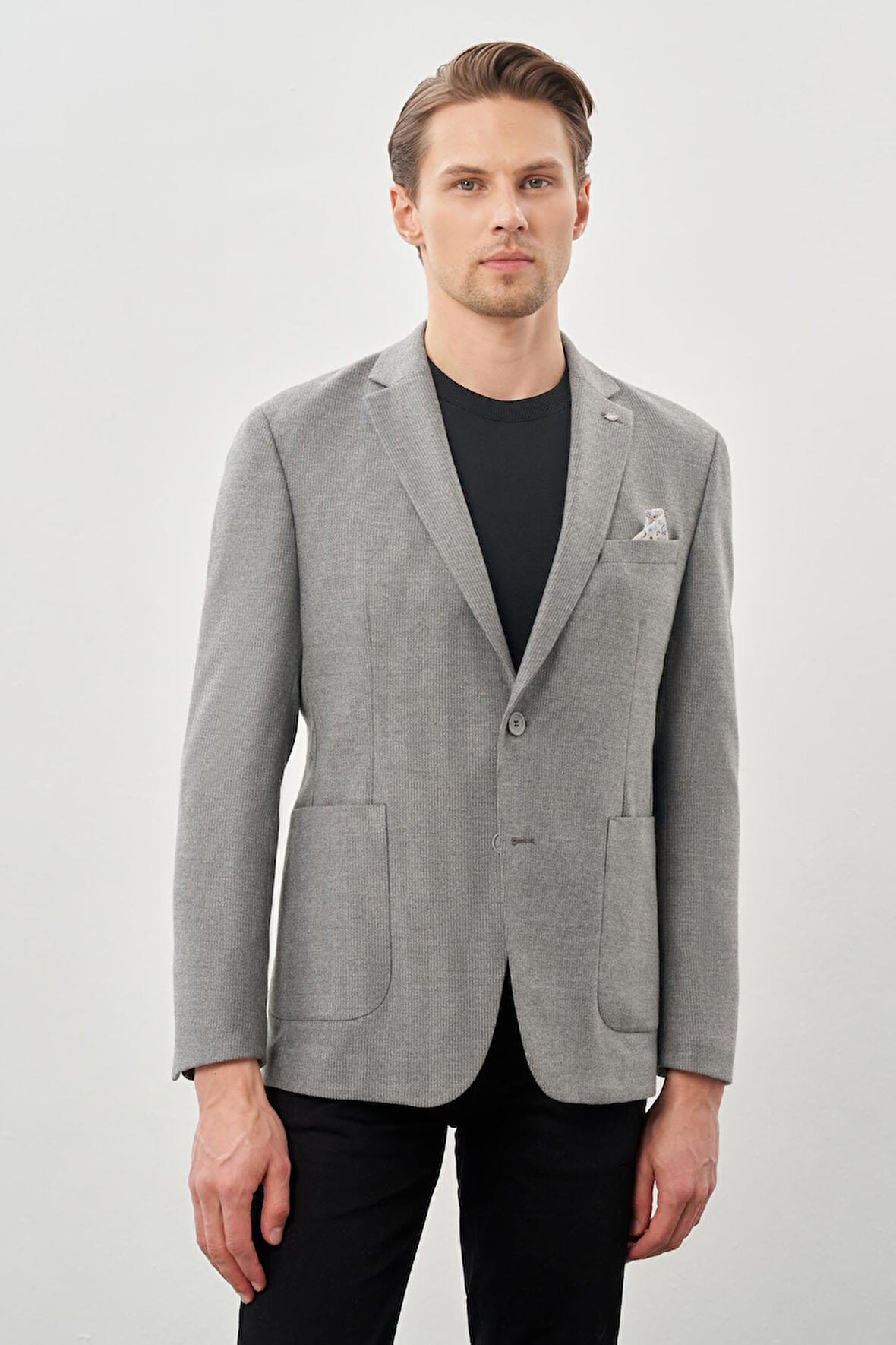 Gri Kendinden Çizgili Desen Flannel Mono Yaka 2 Düğme Esnek 6 Drop Slim Fit Casual Ceket 1002245167_100