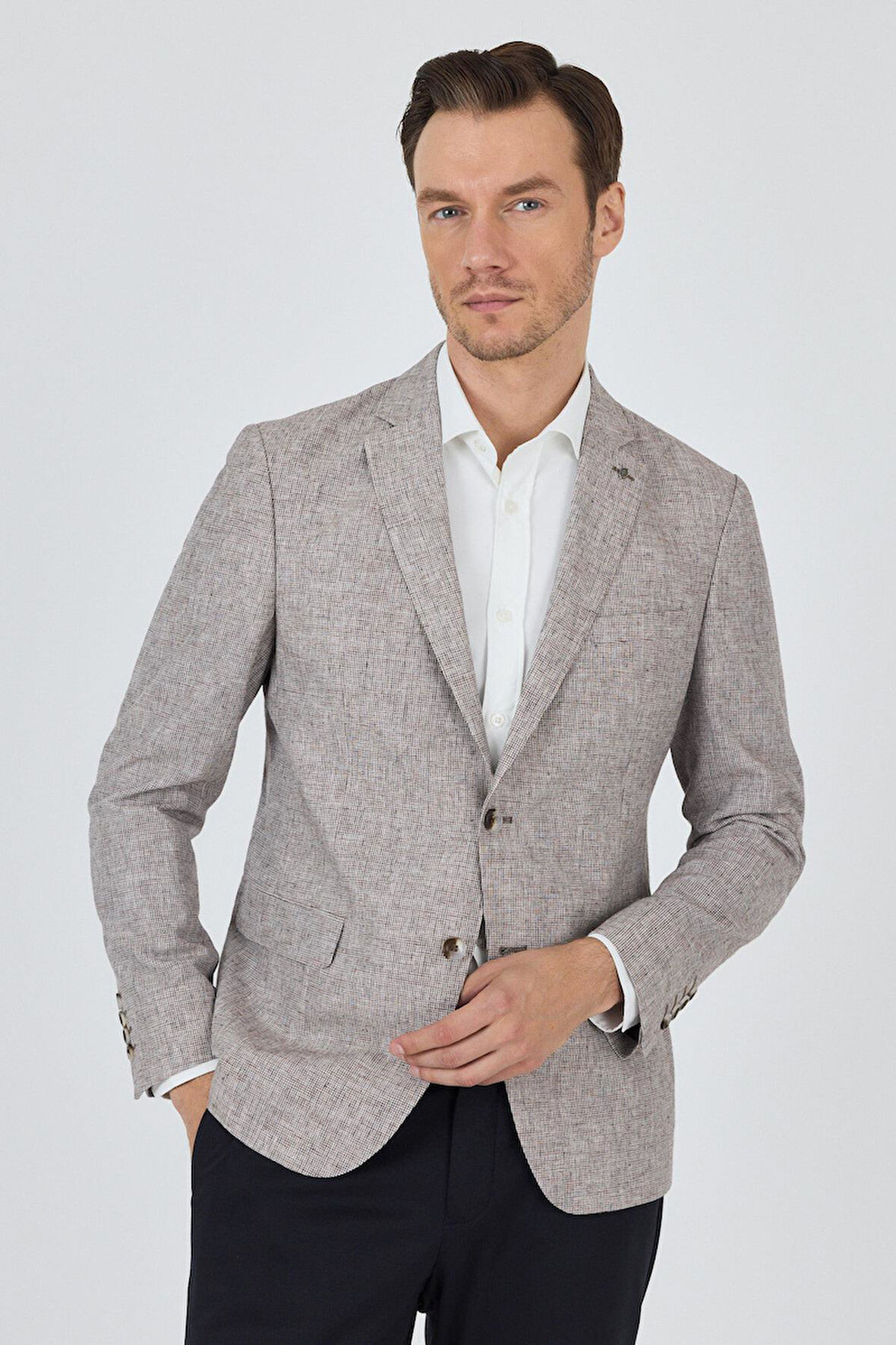 Kazayağı Desen Bez Ayağı Mono Yaka Yarım Astar Keten Karışımlı 6 Drop Slim Fit Ceket 1002250102