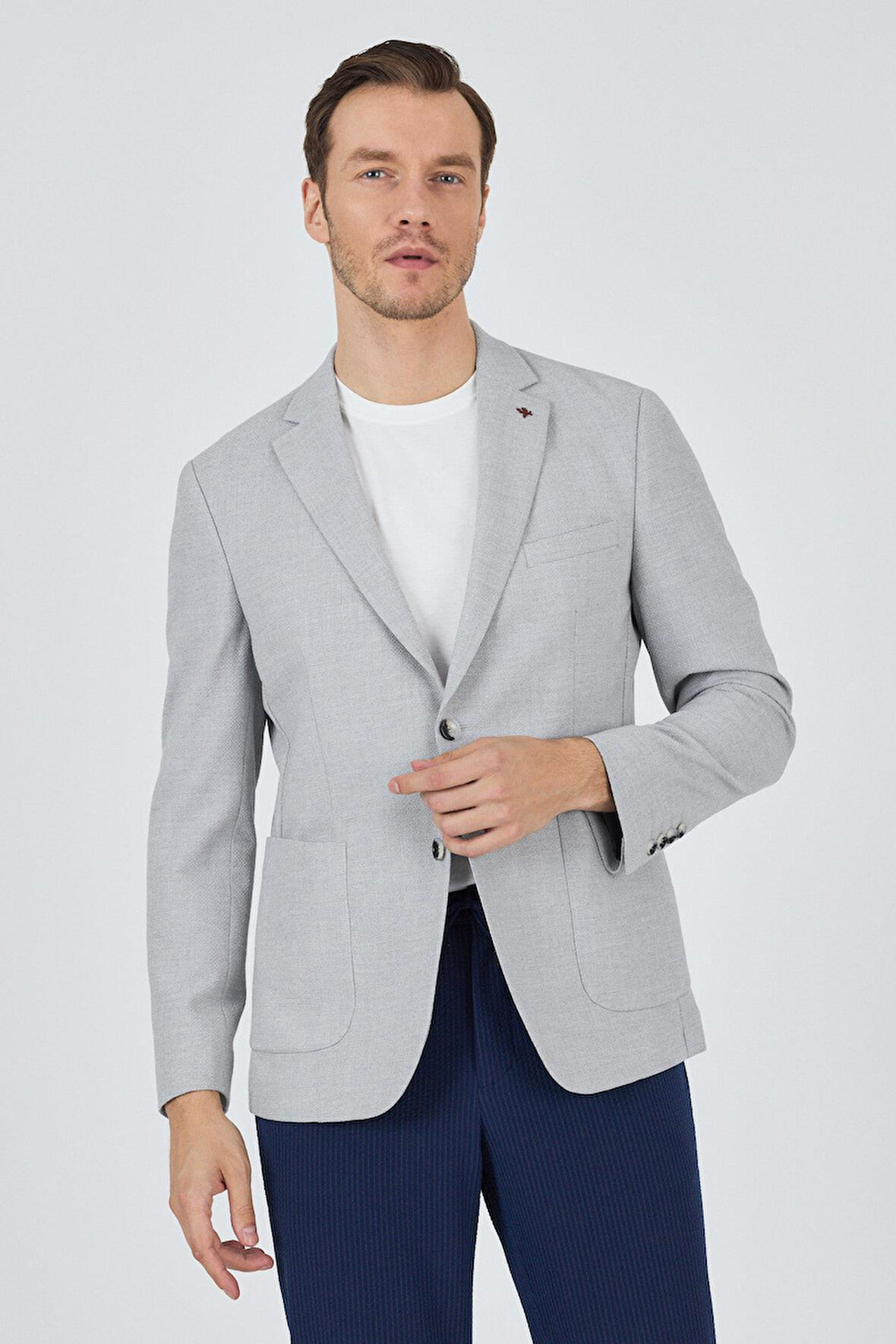 Gri Mono Yaka Düz 2 Düğme Casual Esnek Slim Fit Ceket 1002250123