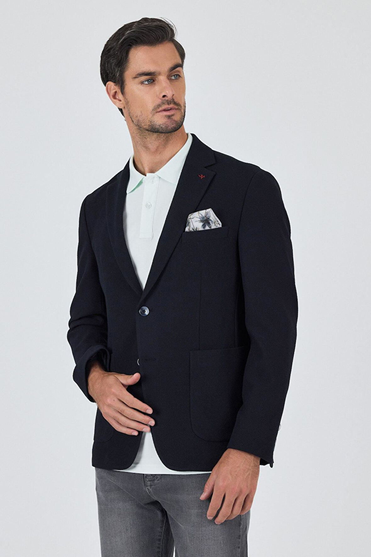 Koyu Lacivert Mono Yaka Düz 2 Düğme Casual Esnek Slim Fit Ceket 1002250123