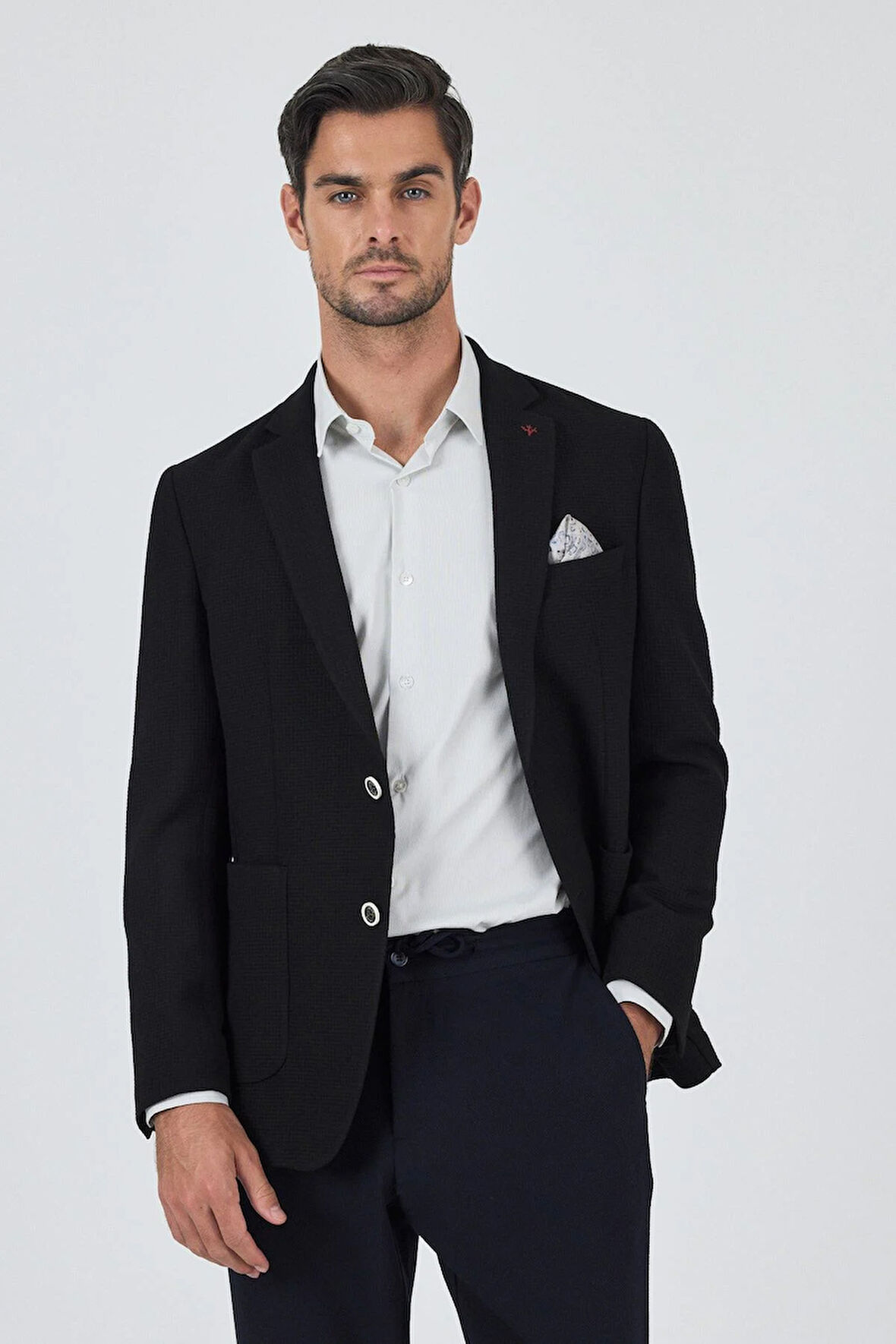 Siyah Mono Yaka Gofreli  Esnek 6 Drop Slim Fit Casual  Ceket 1002250125