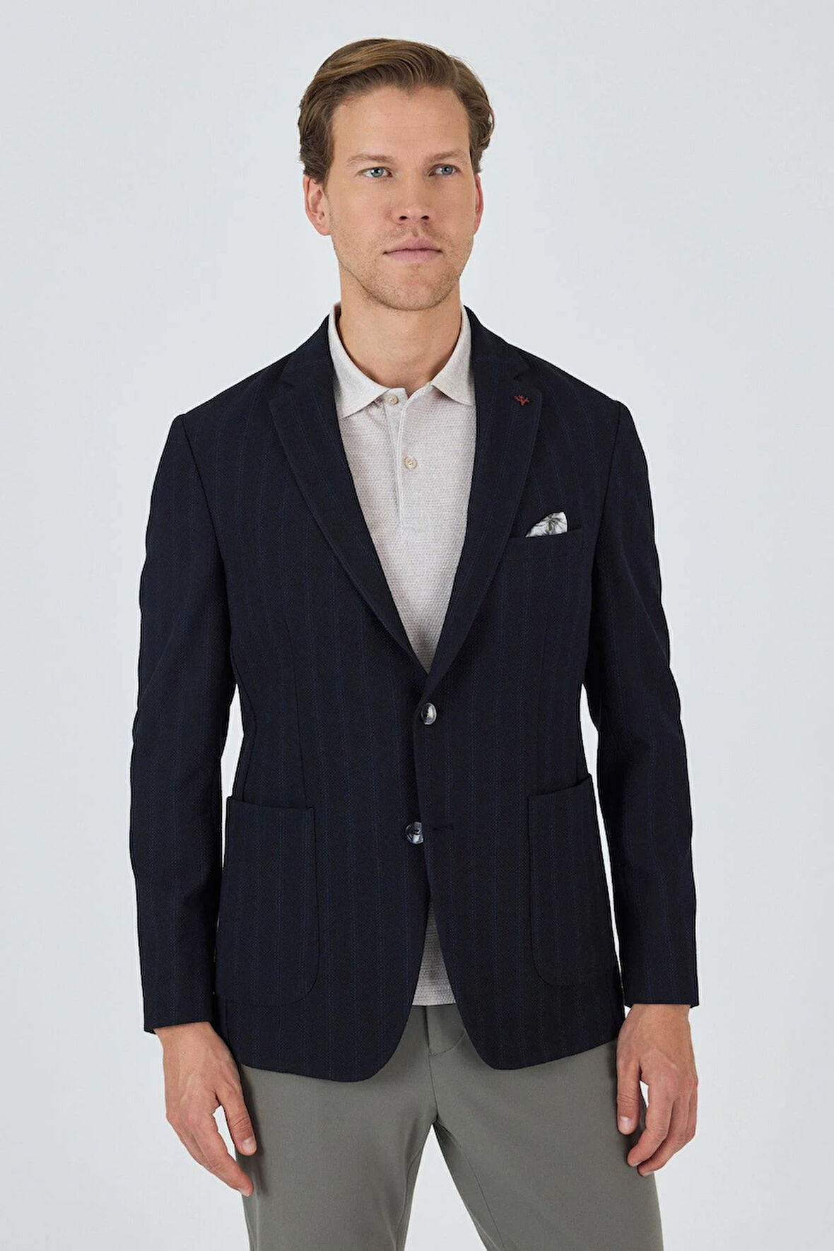 Koyu Lacivert Mono Yaka Gofreli  Esnek 6 Drop Slim Fit Casual  Ceket 1002250126