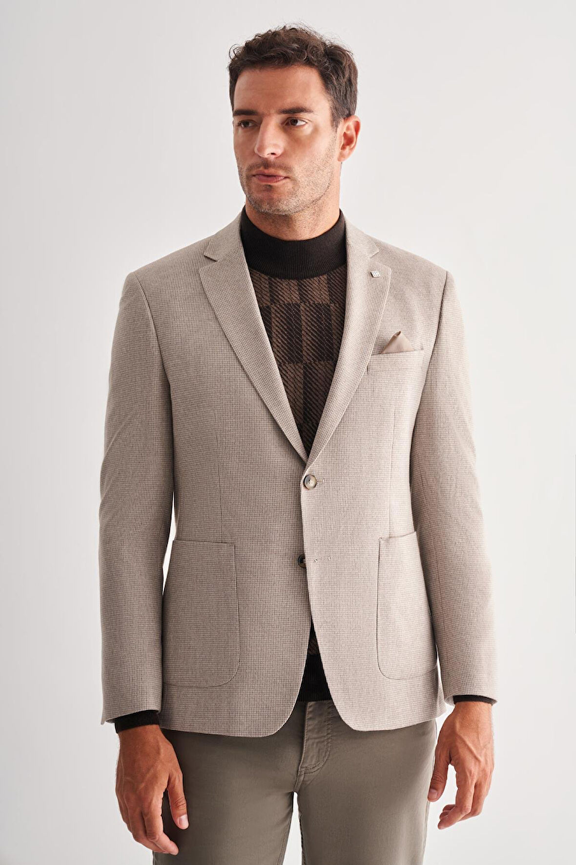 Bej Mono Yaka Desenli Örme Astarlı Çift Yırtmaç Esnek 4 Drop Comfort Fit Classic Ceket 1002255112