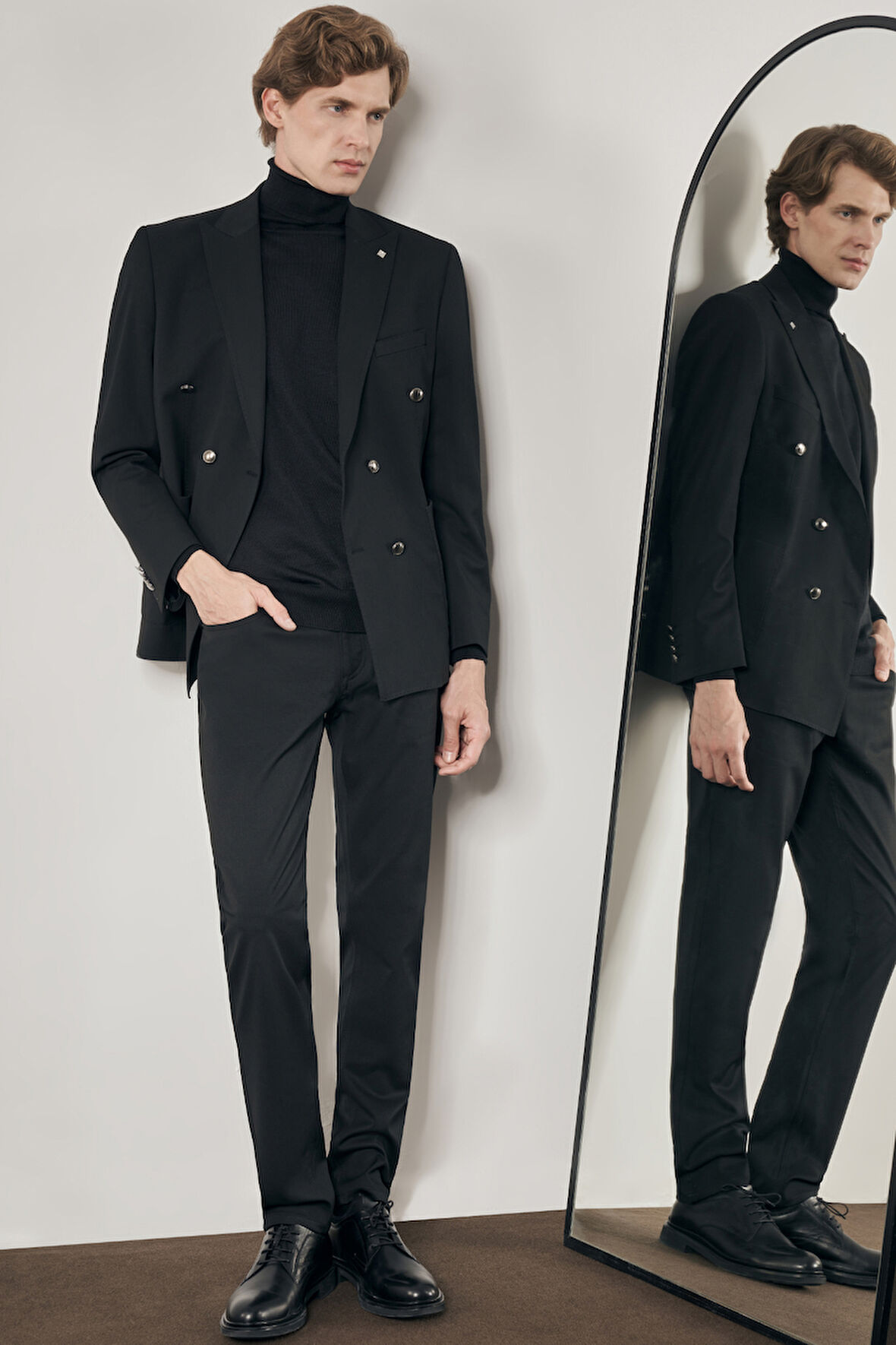 Siyah Kılıç Yaka Astarlı Çift Yırtmaç Pamuklu 6 Drop Slim Fit Classic Kruvaze Ceket 1002255113