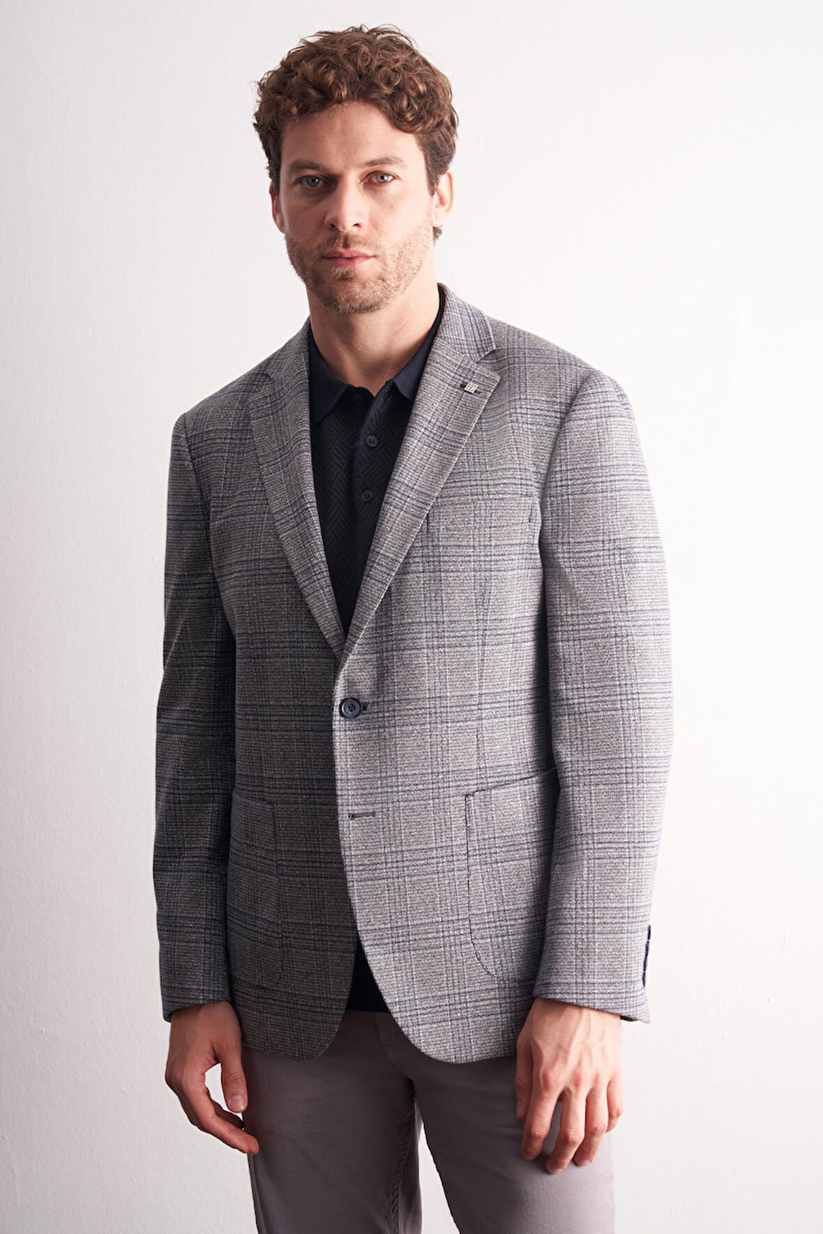 Lacivert Mono Yaka Ekose Desen Pamuklu 6 Drop Comfort Fit Classic Ceket 1002255152