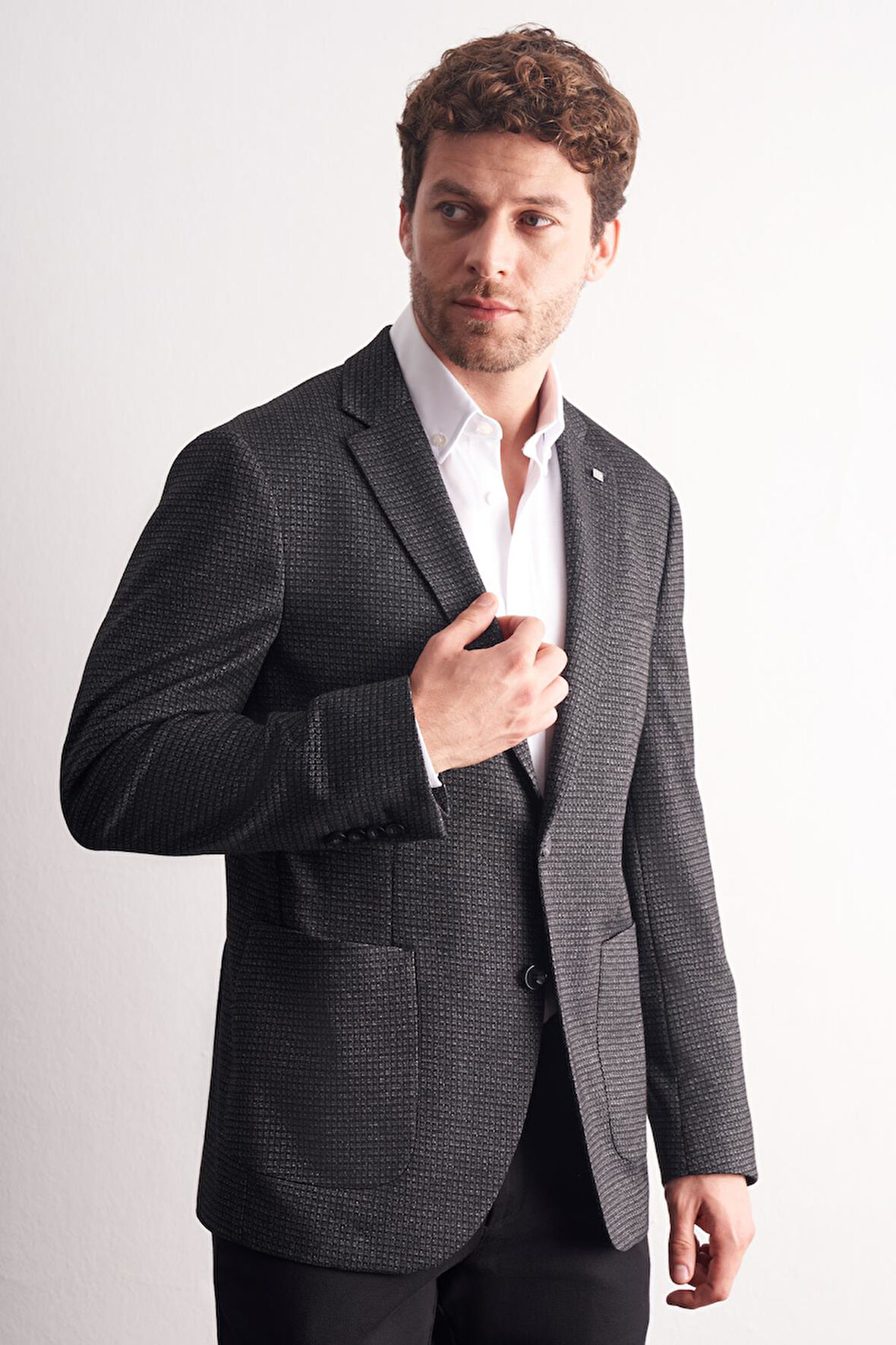 Siyah Mono Yaka Kendinden Desenli Esnek 6 Drop Comfort Fit Classic Ceket 1002255154