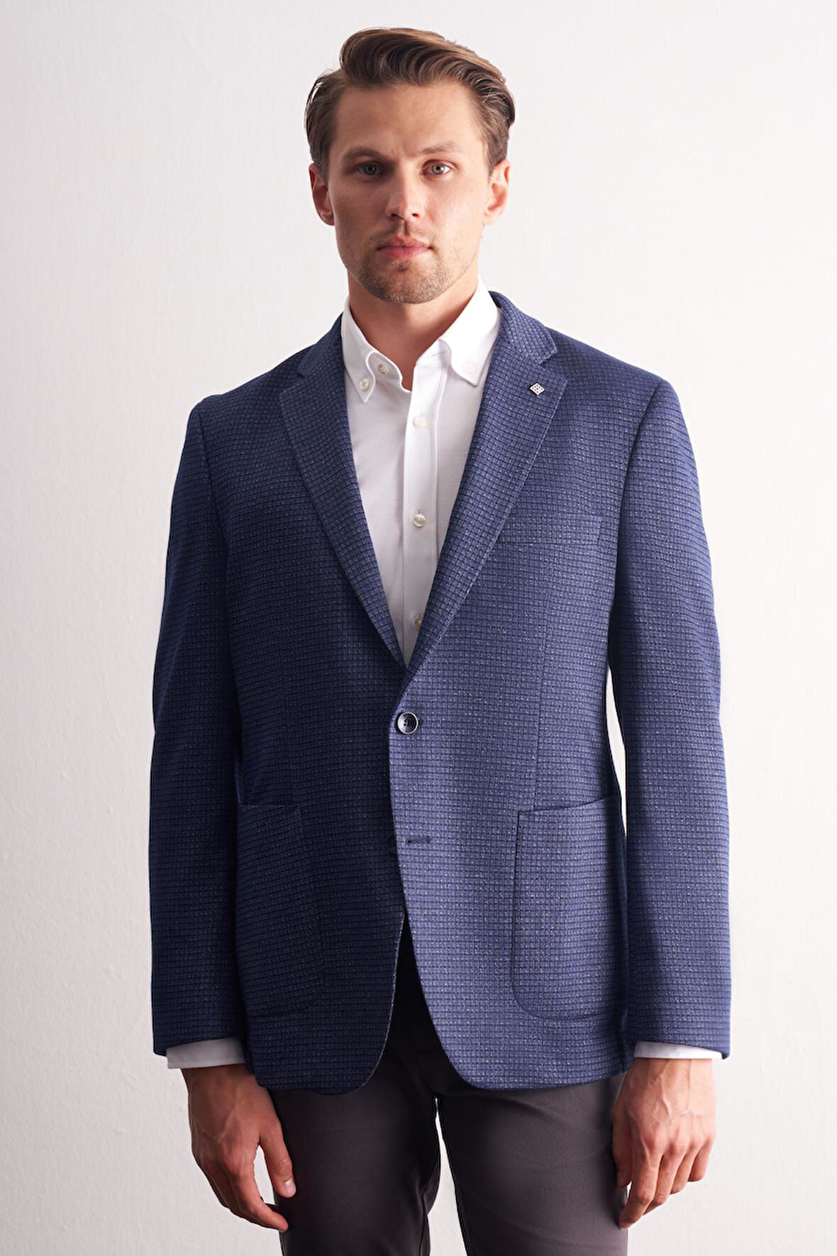 Lacivert Mono Yaka Kendinden Desenli Esnek 6 Drop Comfort Fit Classic Ceket 1002255154