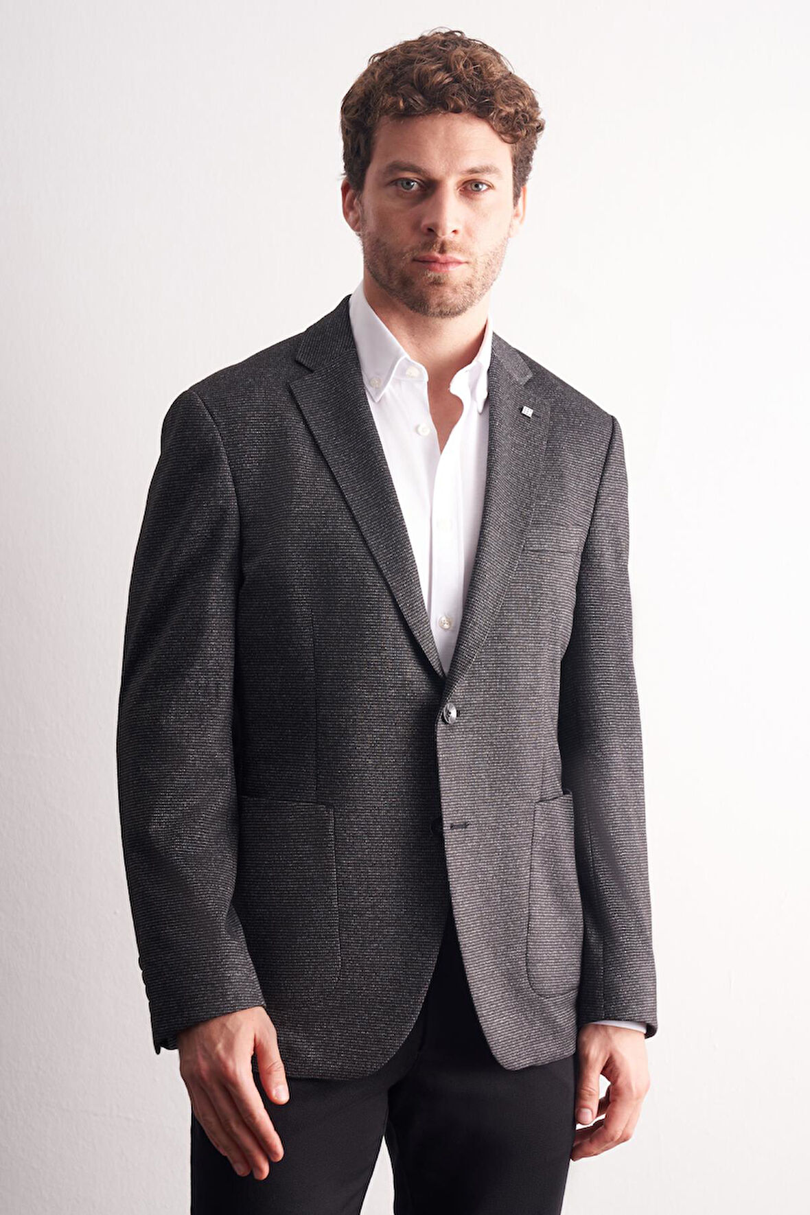 Siyah Mono Yaka Kendinden Desenli Esnek 6 Drop Comfort Fit Classic Ceket 1002255155