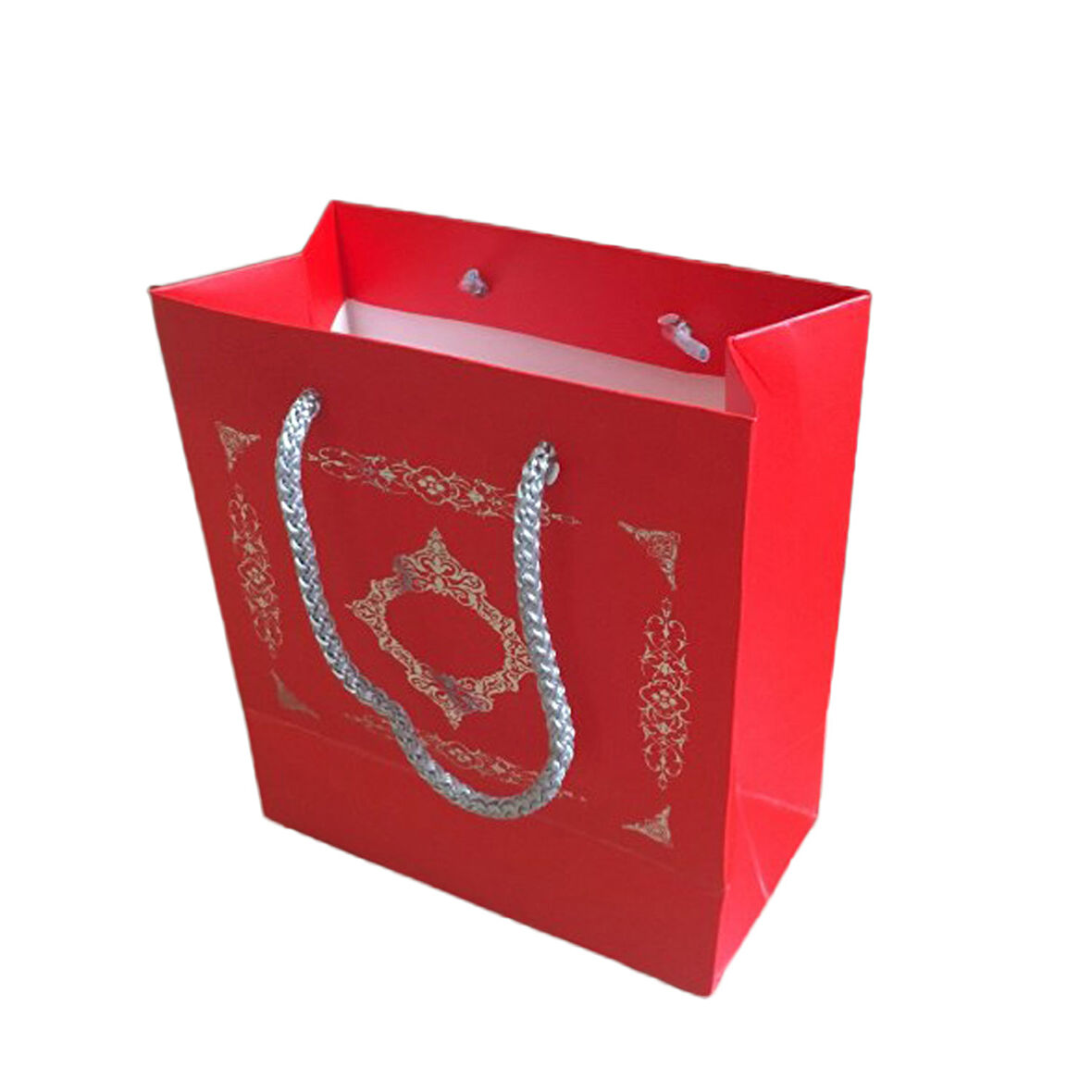 Karton Hediye Çantası Gümüş Saray Desenli 20X20X10 CM (10 Adet)  Kırmızı