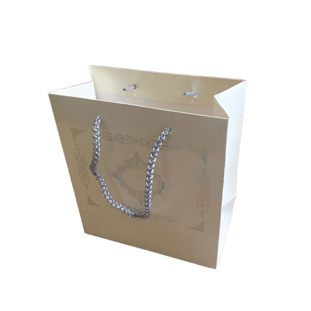 Karton Hediye Çantası Gümüş Saray Desenli 20X20X10 CM (10 Adet)  Krem