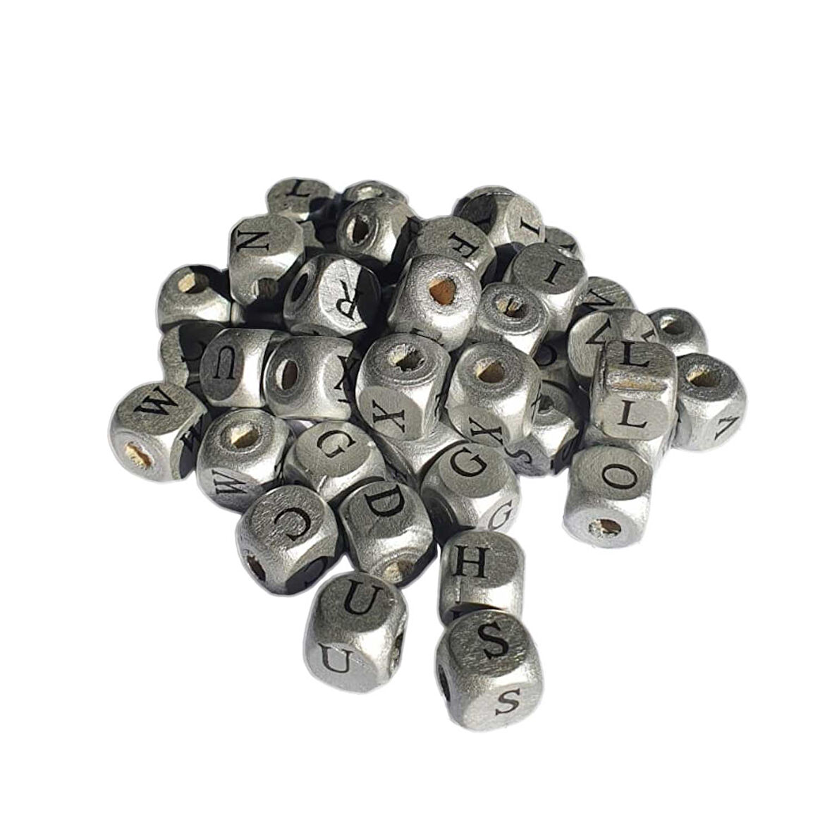 Ahşap Küp HARFLİ  Boncuk 10X10 MM 100 GRAM  Gümüş