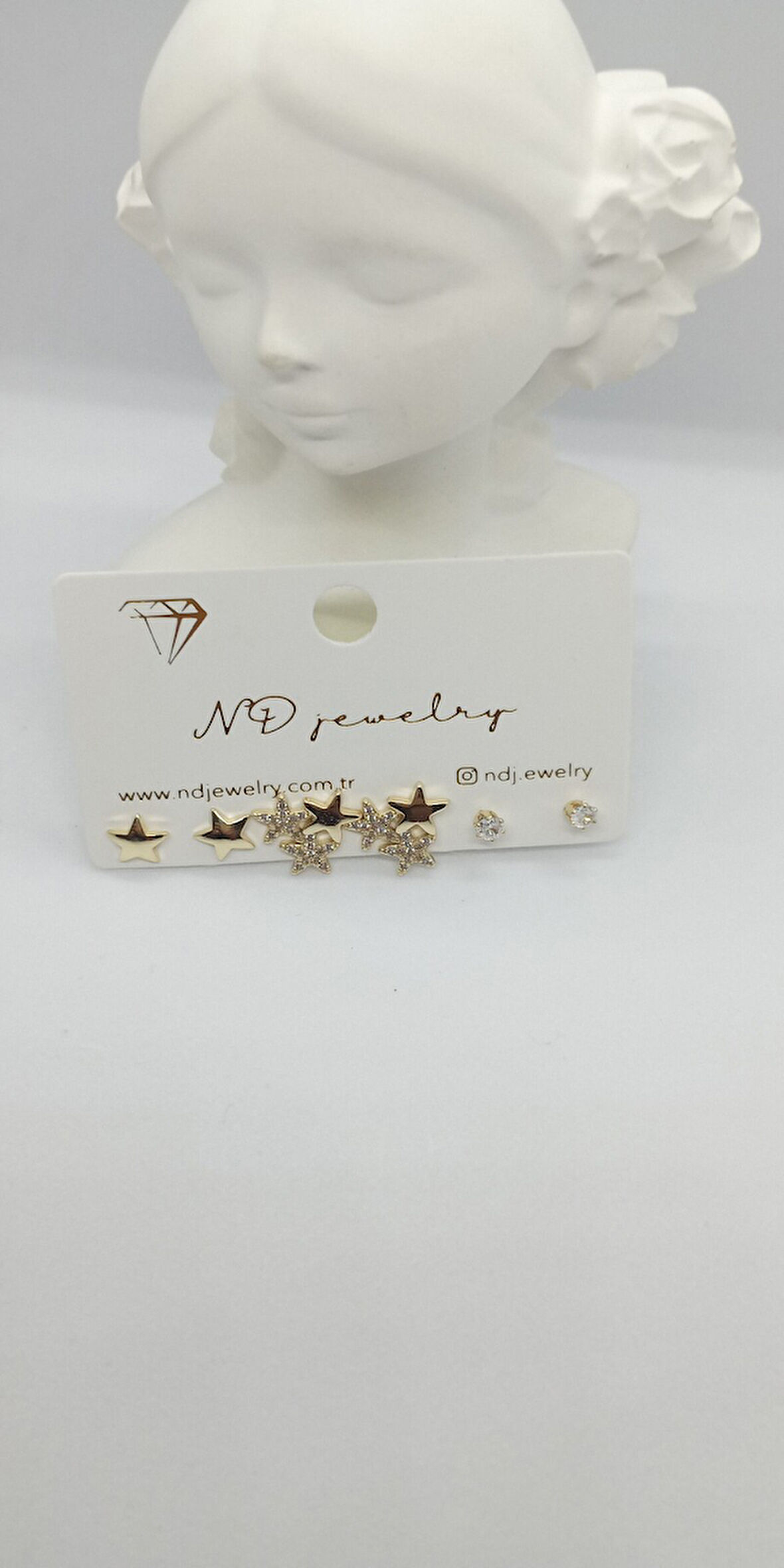 Gold Renk Taşlı ve Plaka Yıldız Küpe Seti