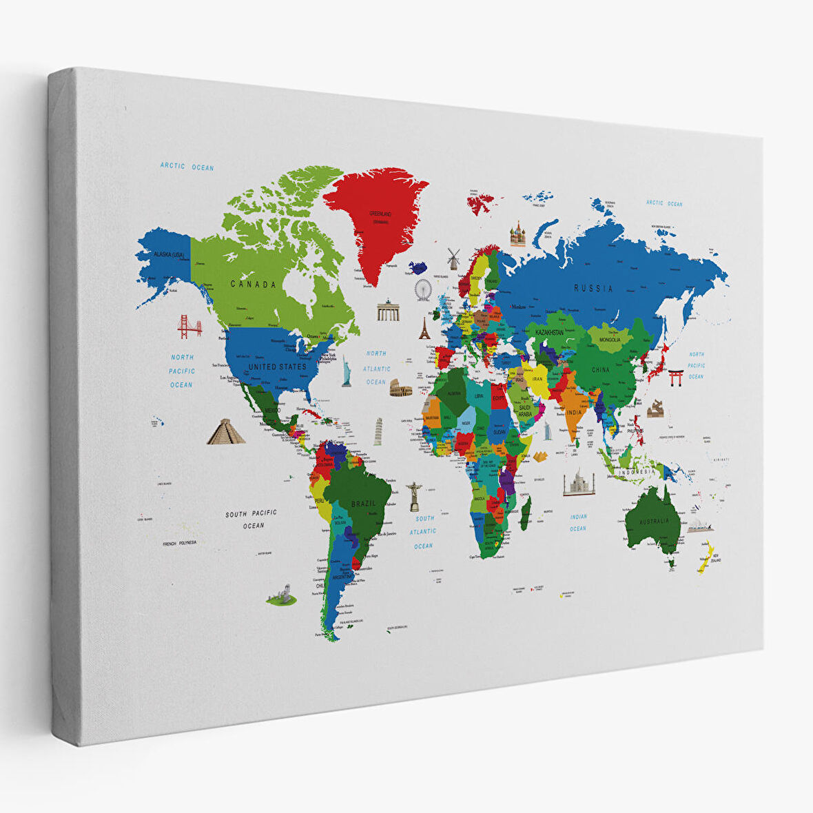 Ünlü Yerler Sembollü Kanvas Dünya Haritası 1002